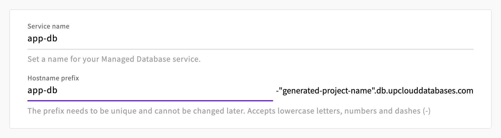 Service name and hostname prefix at the end of the create form