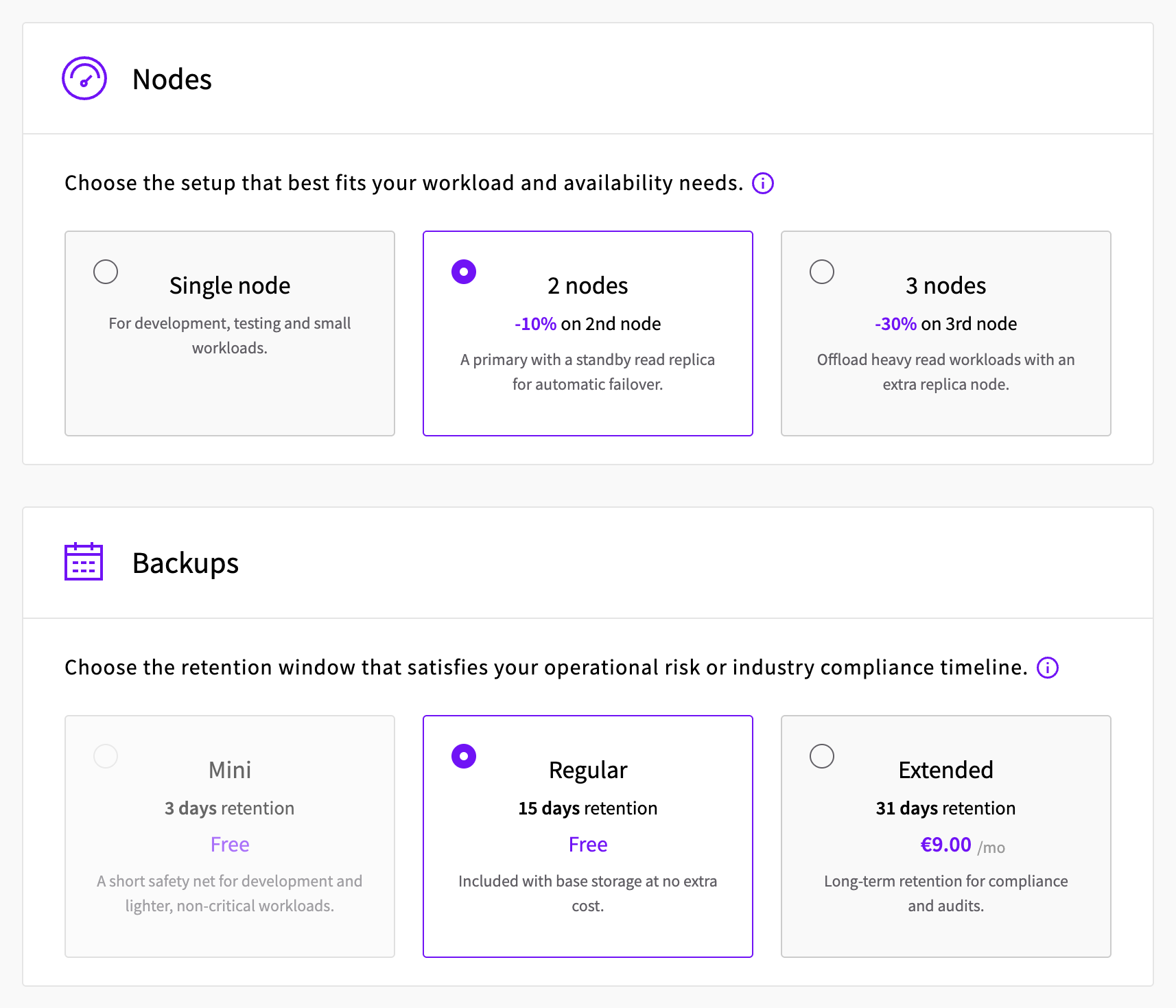 Nodes and Backups sections of the create form