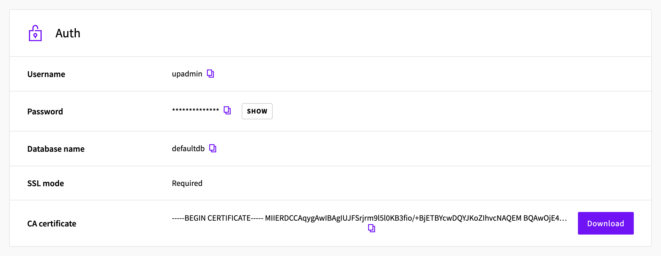 Auth section of the service's Overview tab