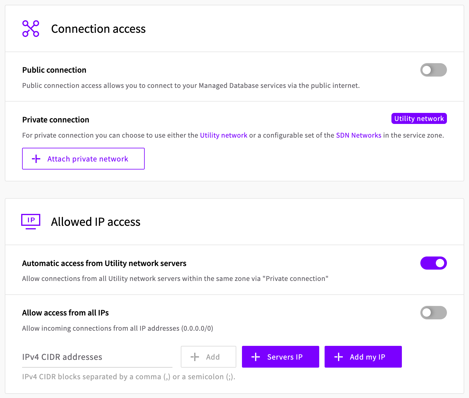 Connection access and Allowed IP access sections of the create form