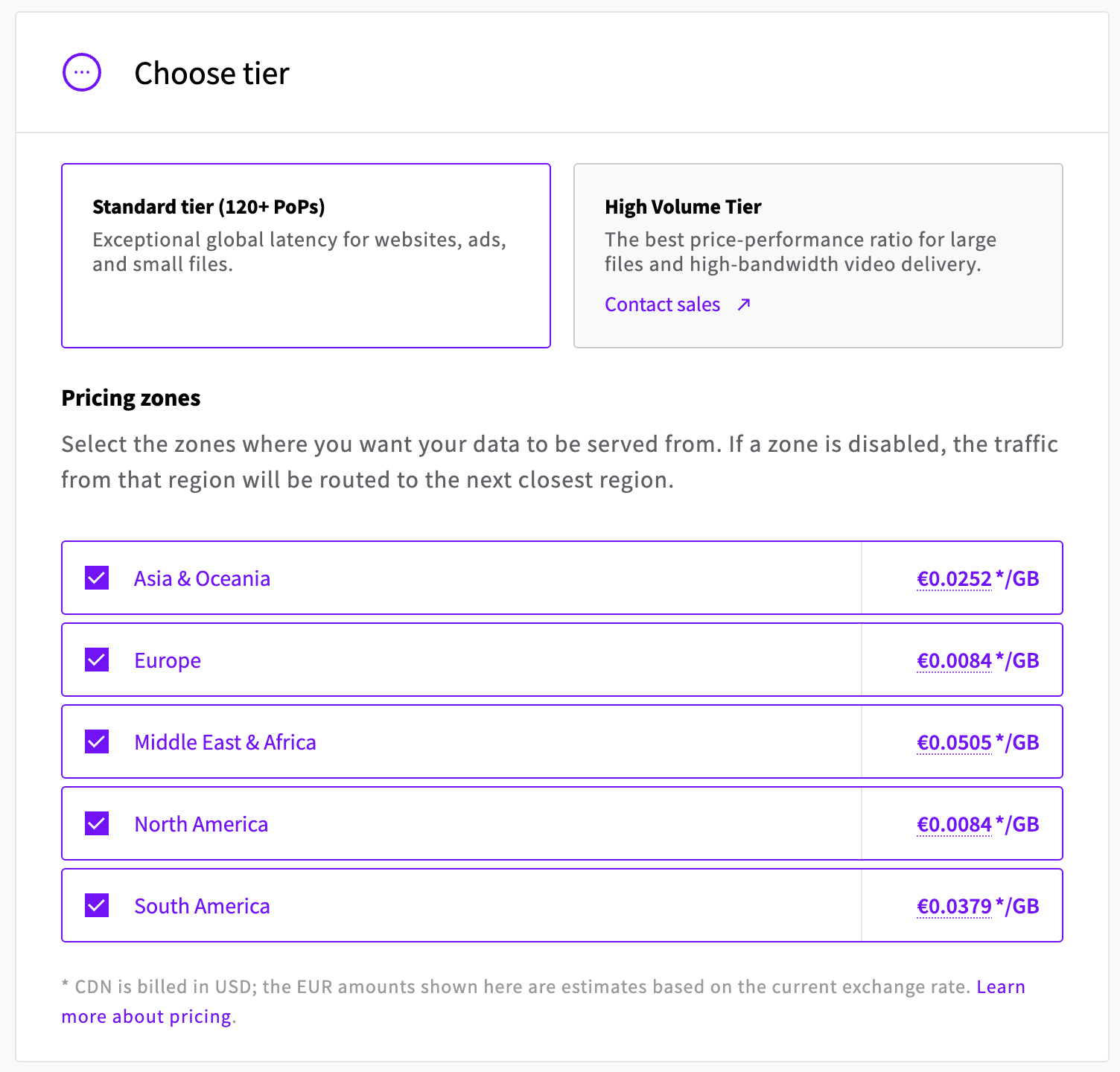 Tier and pricing zones section