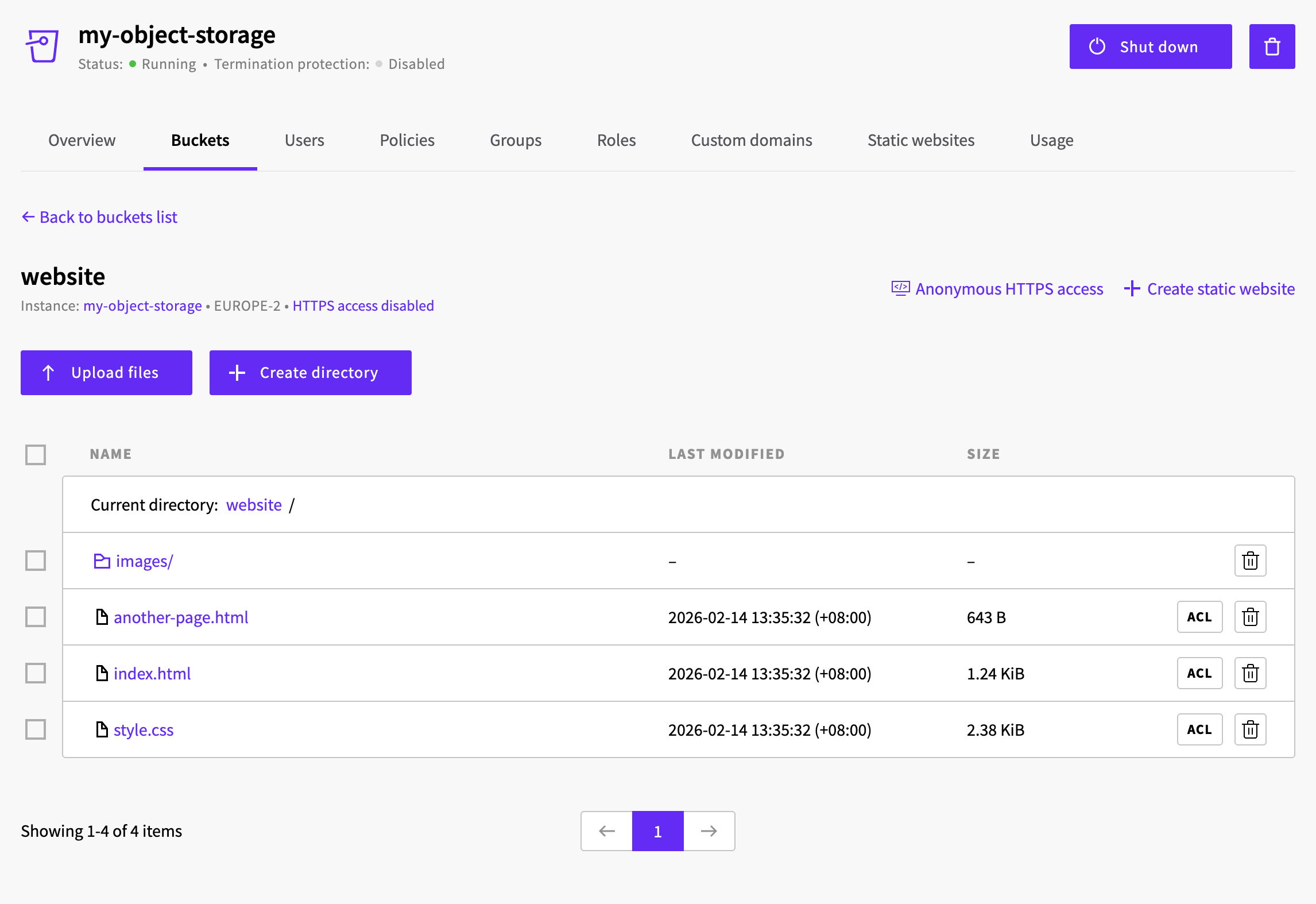 Bucket view in the UpCloud Control Panel showing uploaded website files including index.html, another-page.html, style.css, and an images directory