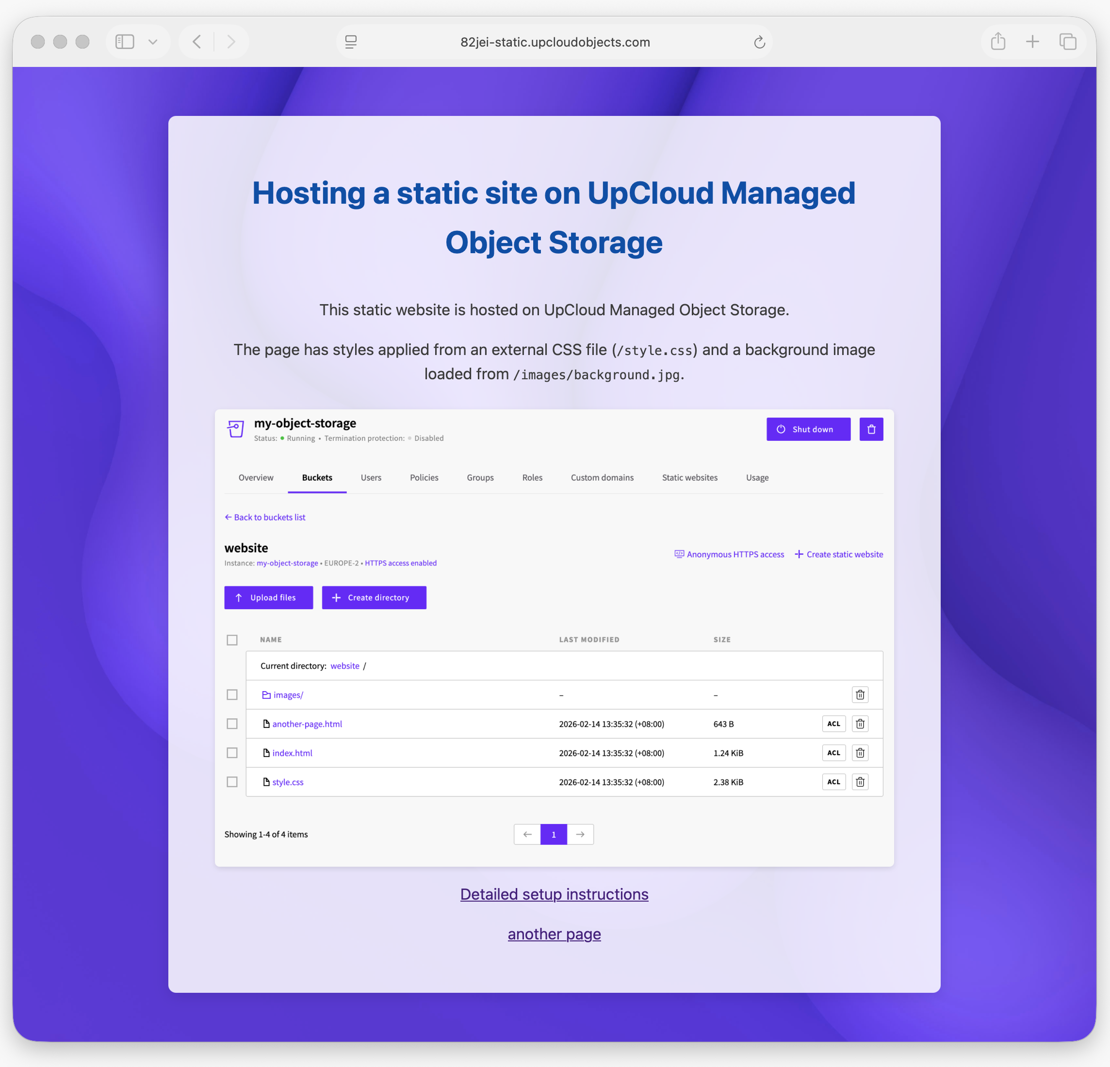 The static website loaded in a browser at the Object Storage endpoint URL, displaying the site content with styles and images applied