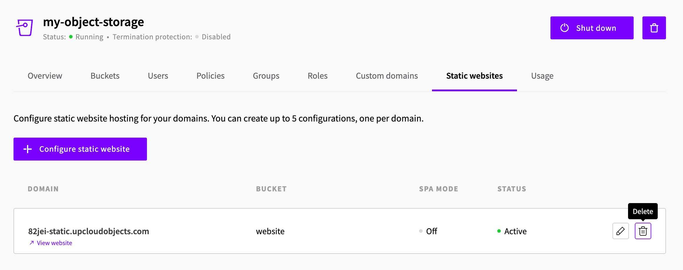 Static websites tab showing the delete button highlighted on an existing site configuration