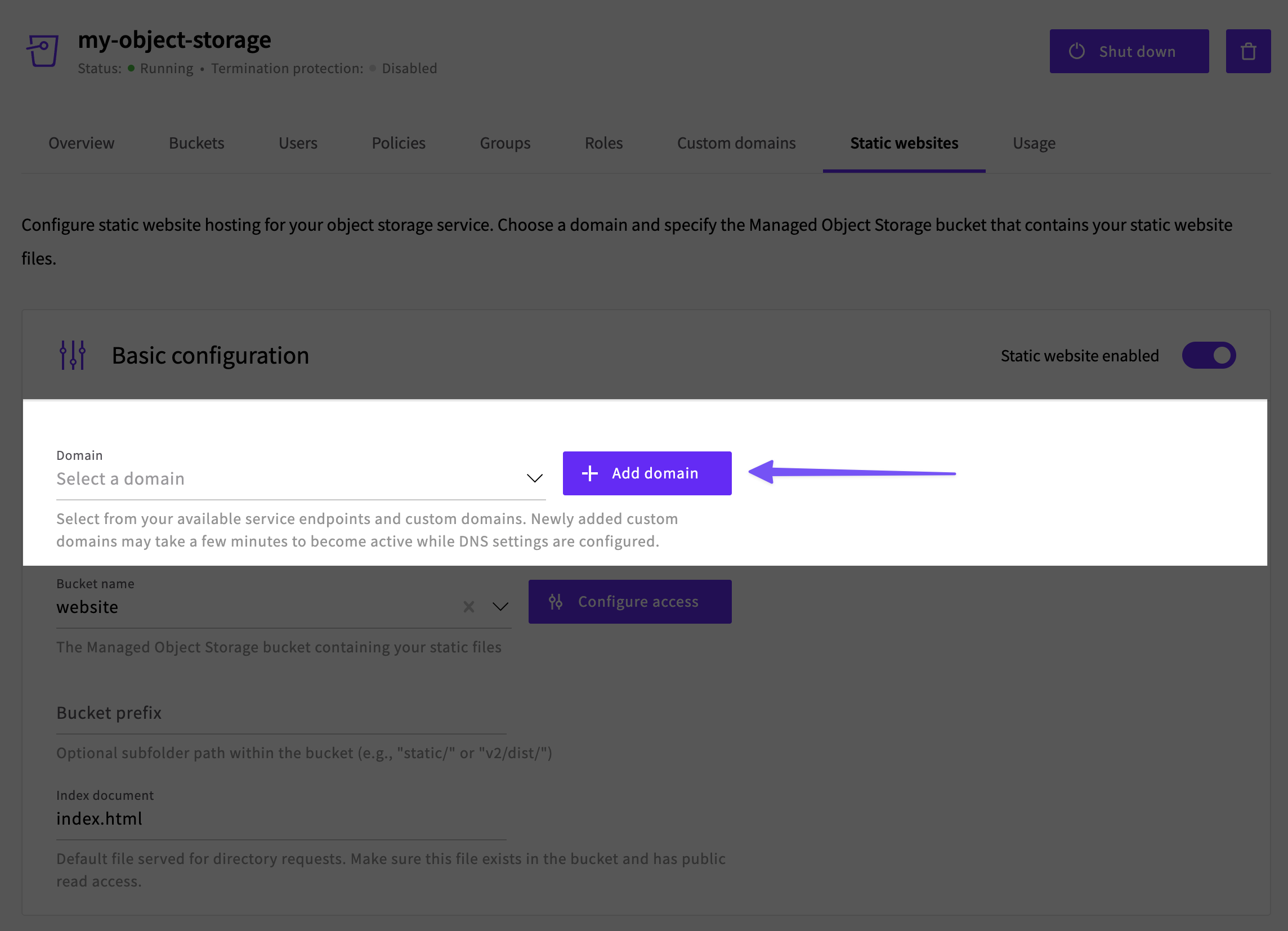 Static website configuration form with the Domain dropdown and the Add domain button highlighted