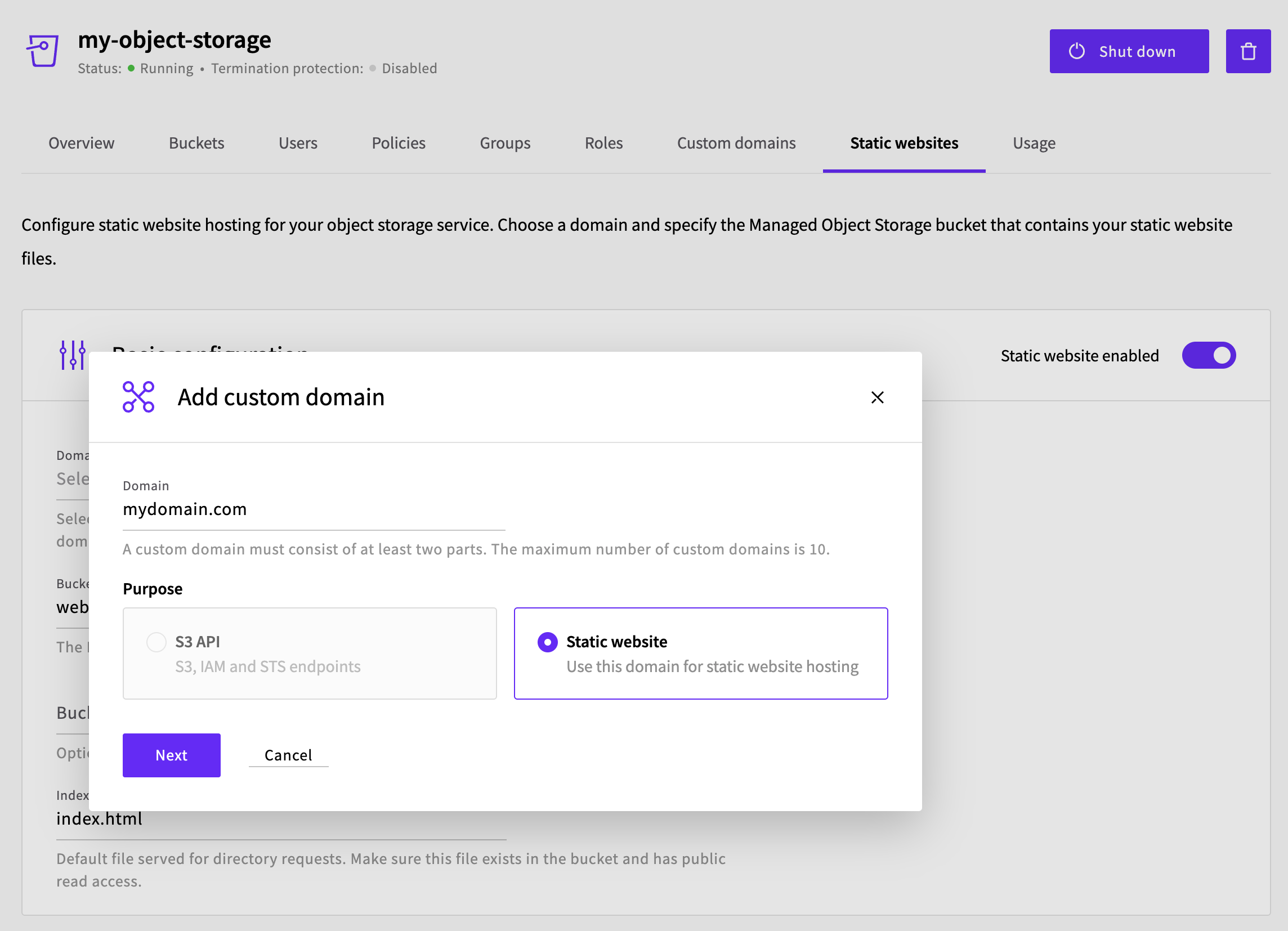 Add custom domain dialog with mydomain.com entered and Static website selected as the purpose