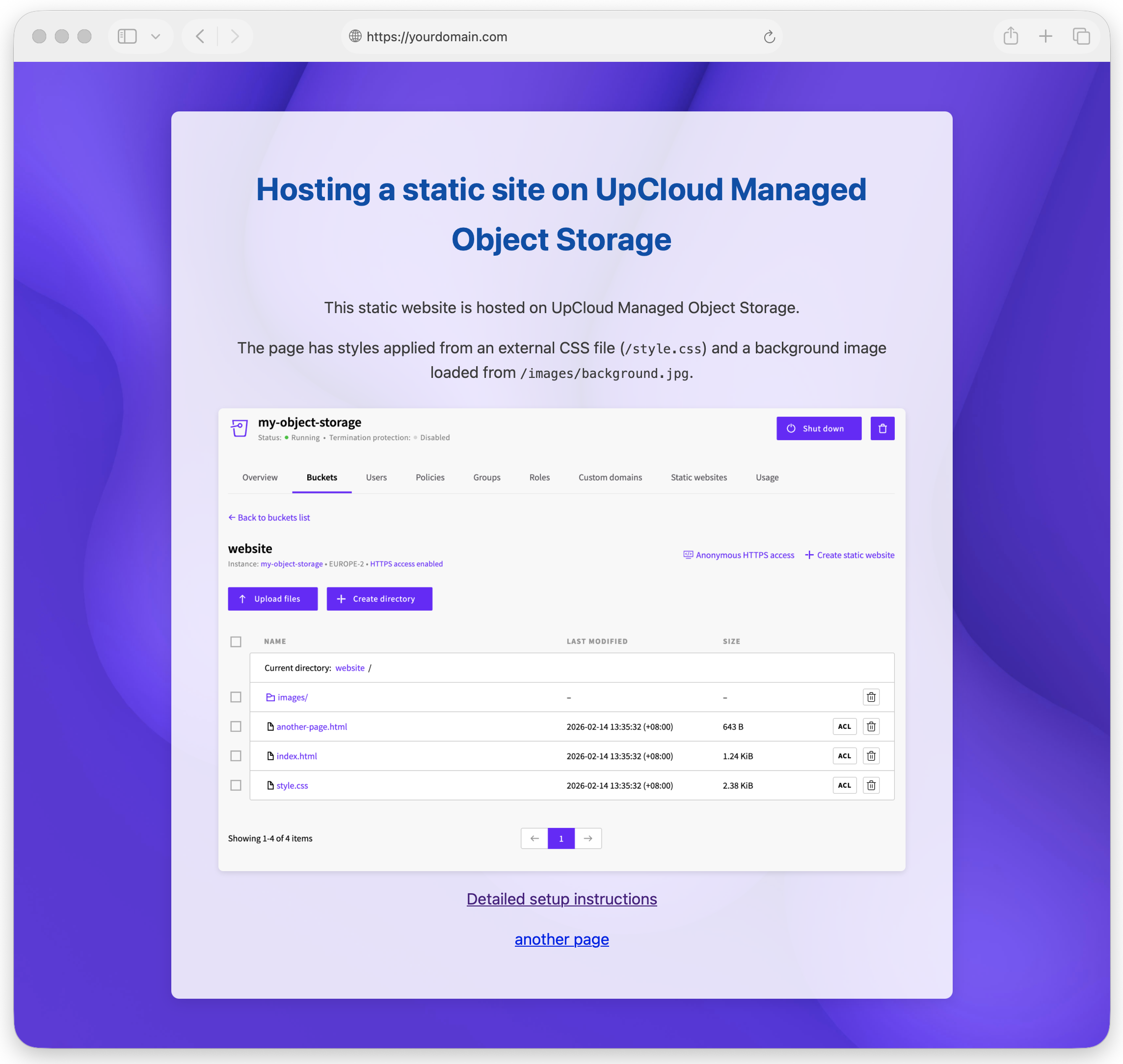 The static website loaded in a browser at the custom domain, displaying the site content with HTTPS enabled