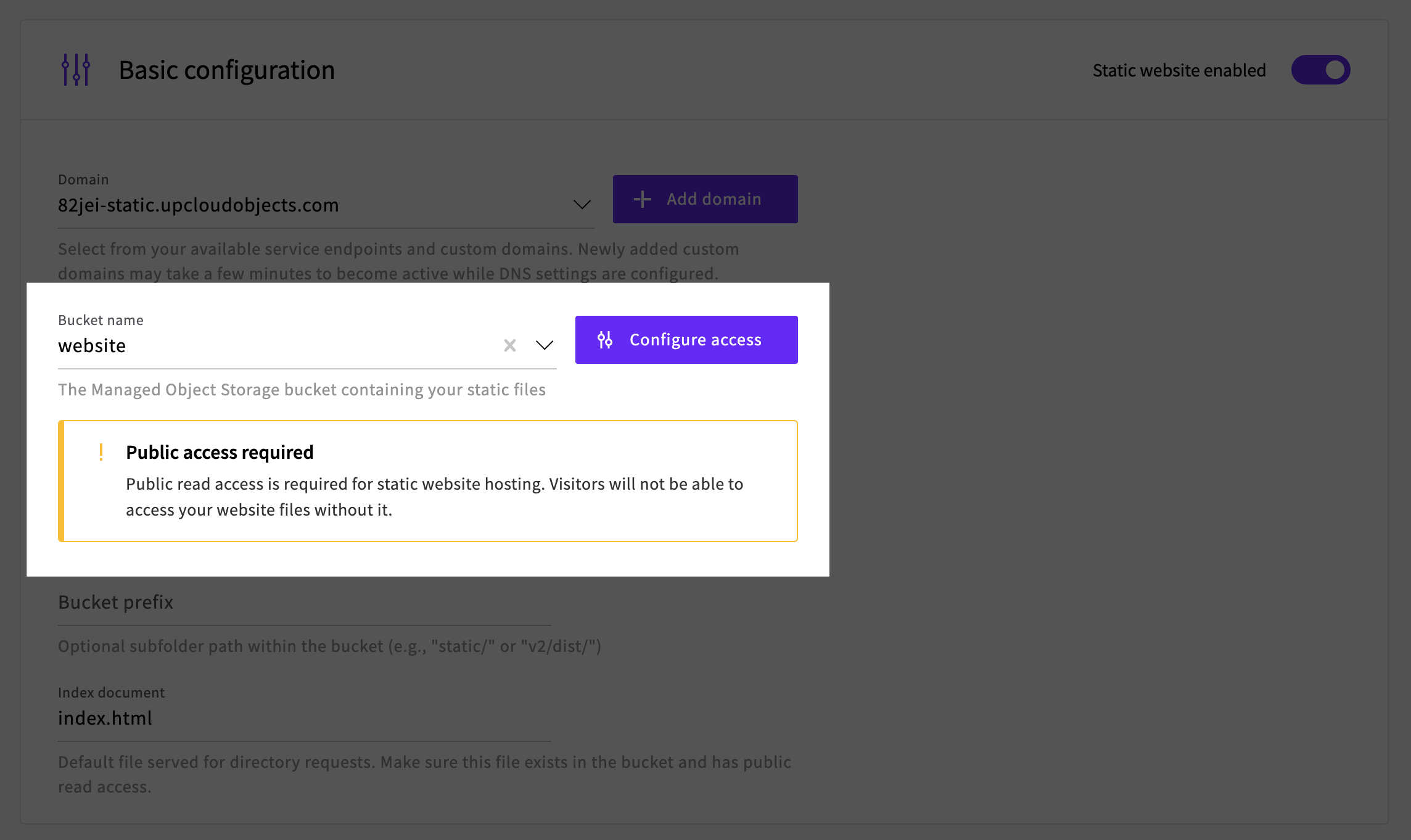 Bucket configuration showing the website bucket selected with a Public access required warning and Configure access button