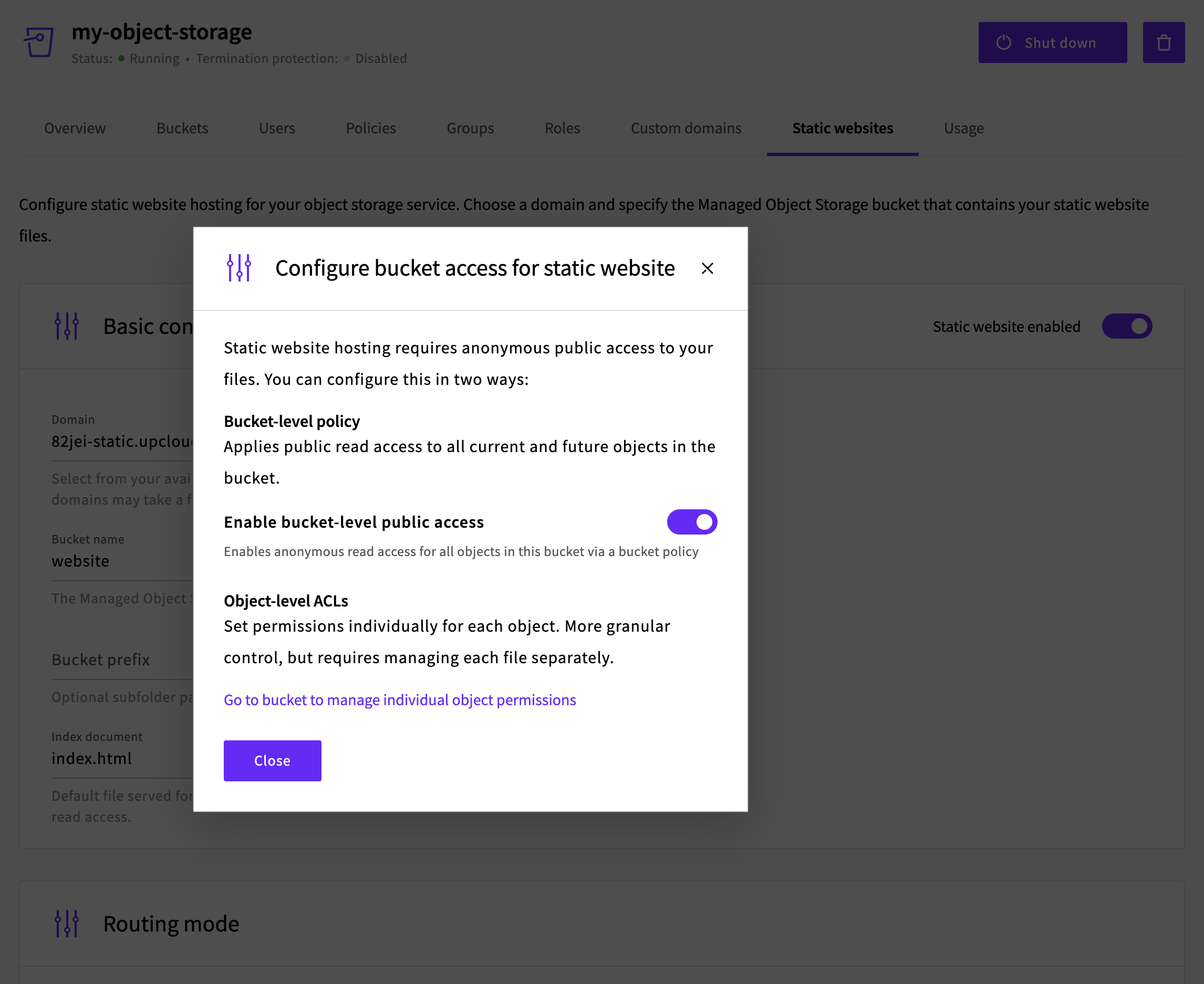Configure bucket access dialog showing the Bucket-level policy option with the Enable bucket-level public access toggle, and the Object-level ACLs option