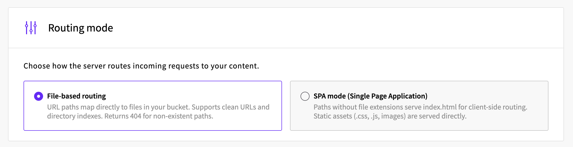 Routing mode selection showing File-based routing selected and SPA mode (Single Page Application) as an alternative option