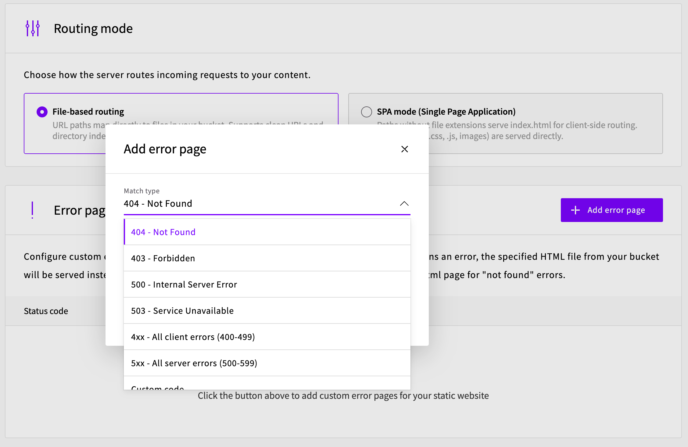 Add error page dialog showing the Match type dropdown with options including 404 Not Found, 403 Forbidden, 500 Internal Server Error, 503 Service Unavailable, 4xx and 5xx ranges, and Custom code