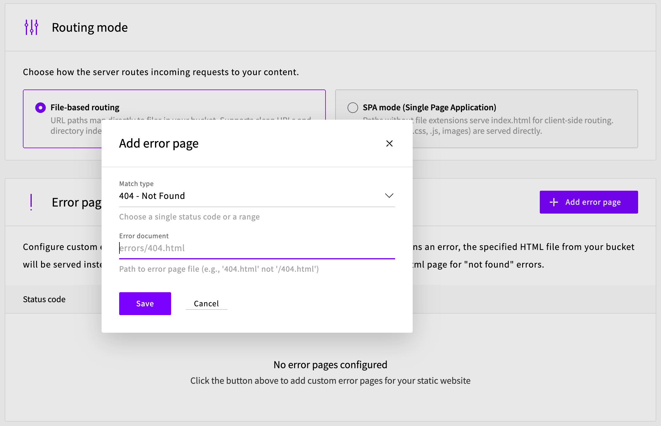 Add error page dialog with 404 Not Found selected and errors/404.html entered as the error document path