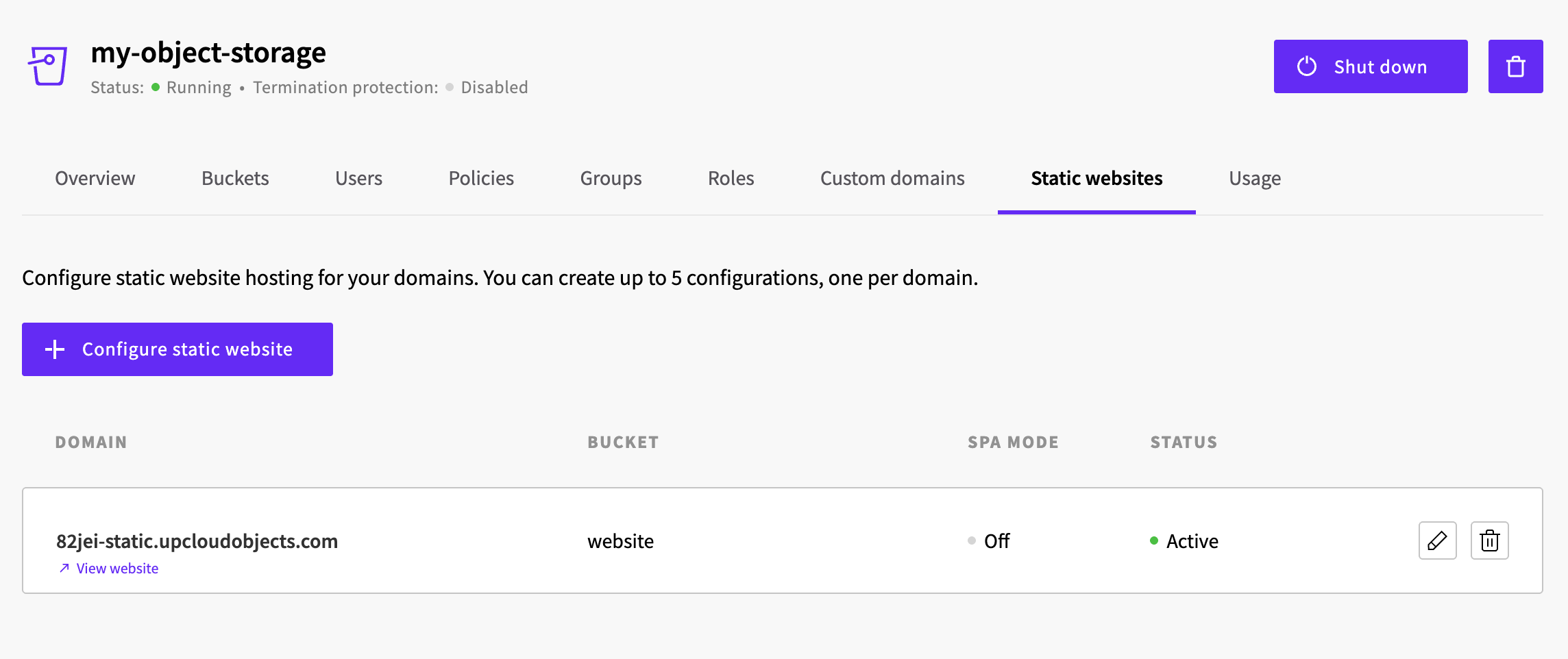 Static websites tab showing the site configuration with Running status and a View website link
