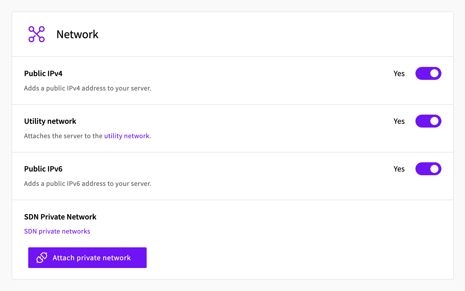 Network section of the deploy page with Public IPv4, Utility network and Public IPv6 on
