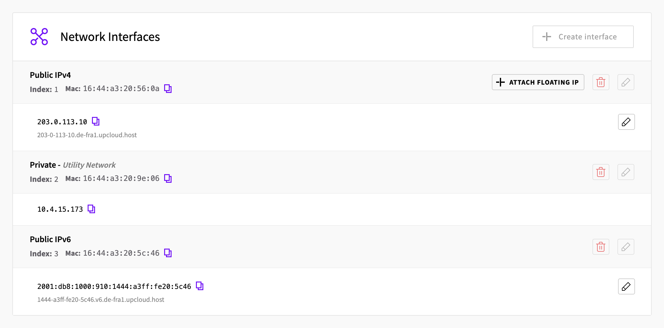 Network Interfaces on the server's Network tab, with the Public IPv4 and Public IPv6 addresses