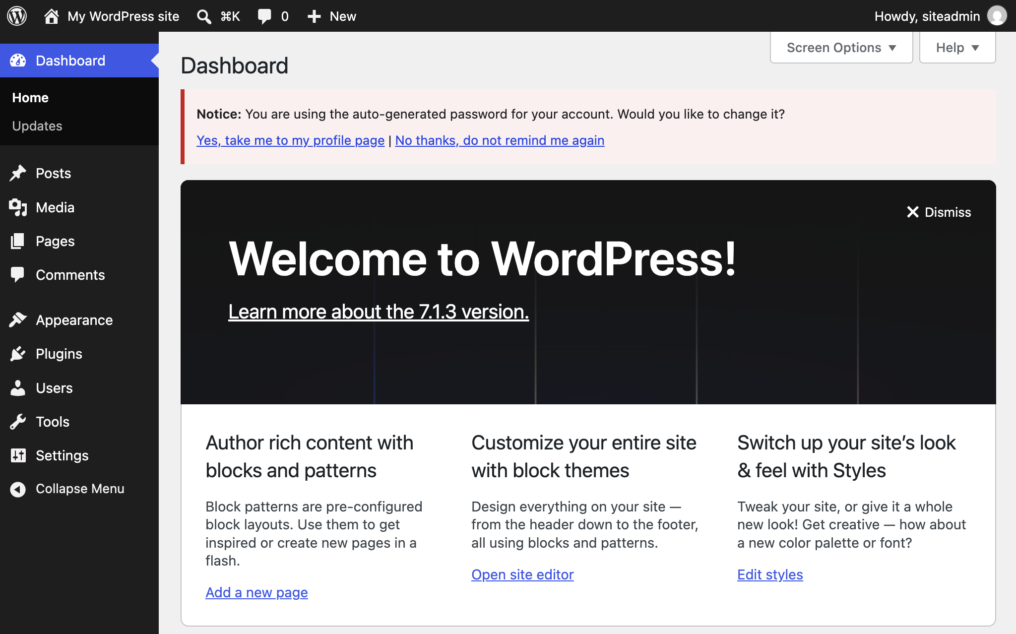WordPress dashboard after the first login, with the notice about the auto-generated password