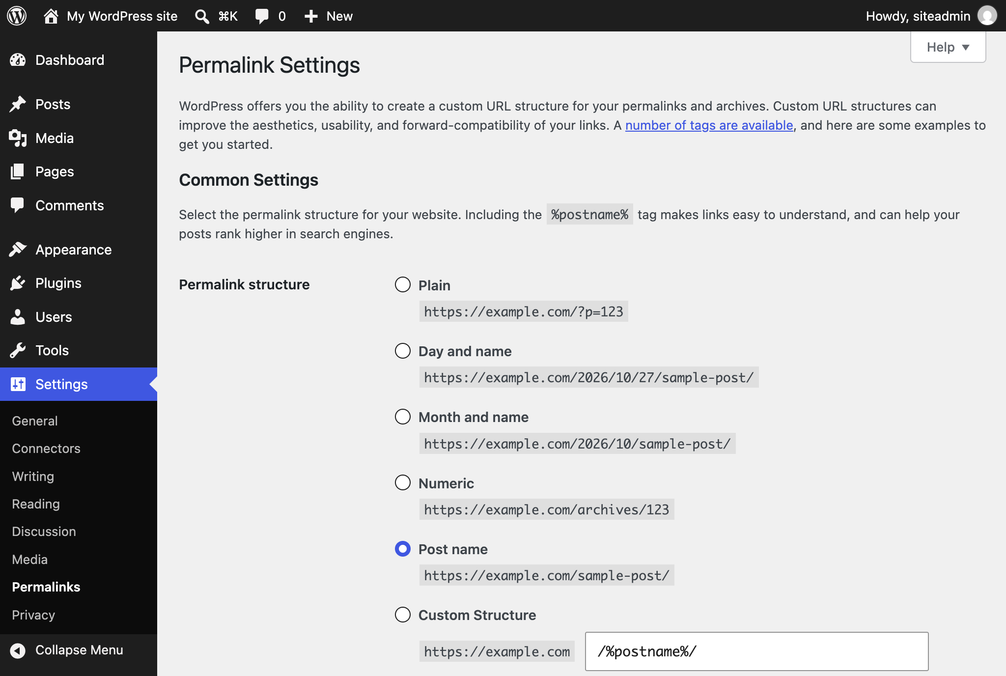 Permalink Settings with Post name selected