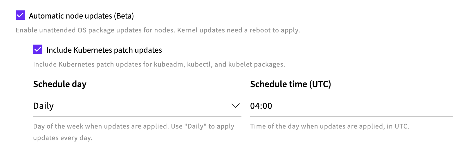 Automatic node updates options in the Node group section