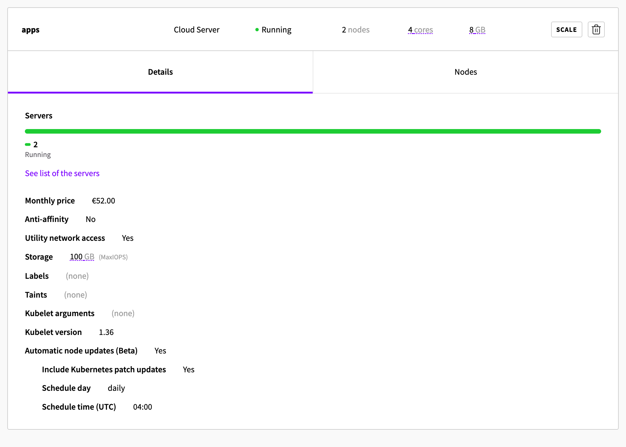 Details of a node group with automatic node updates turned on