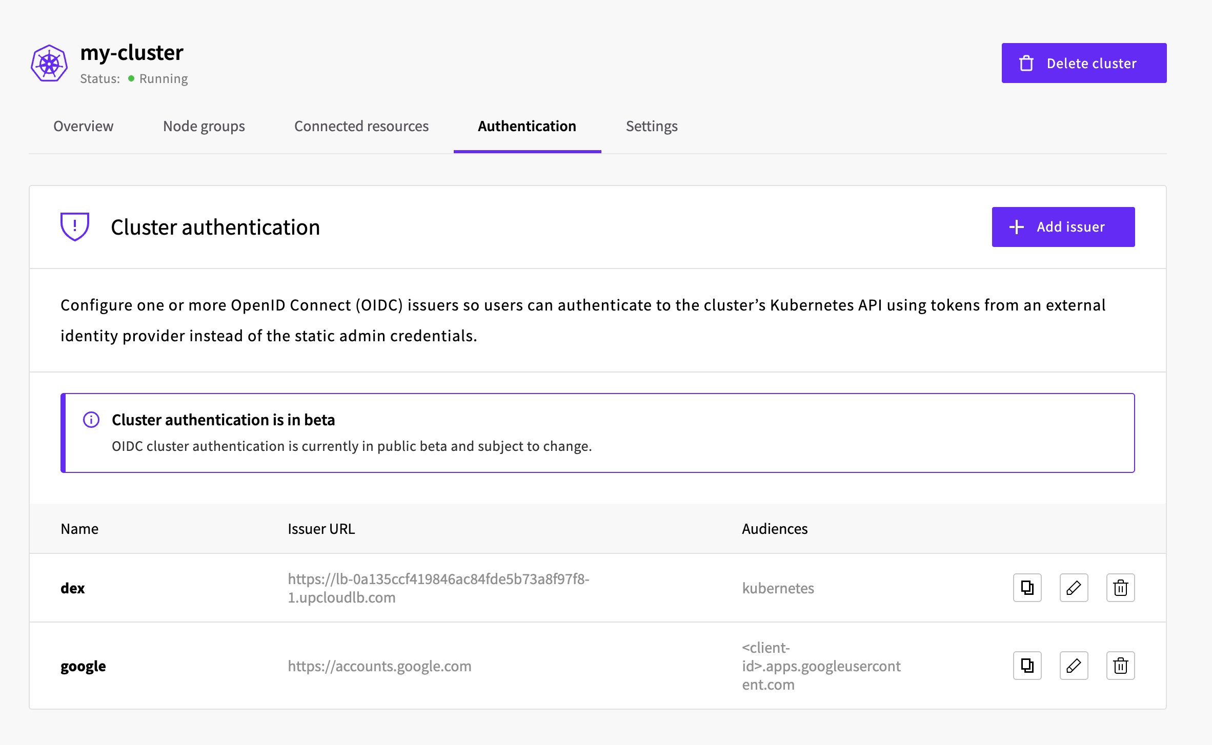 Authentication tab listing configured issuers