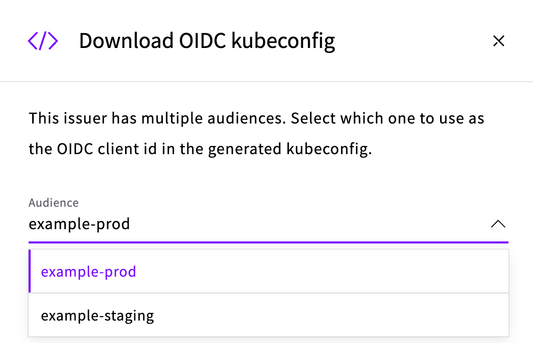The Download OIDC kubeconfig dialog for an issuer with multiple audiences