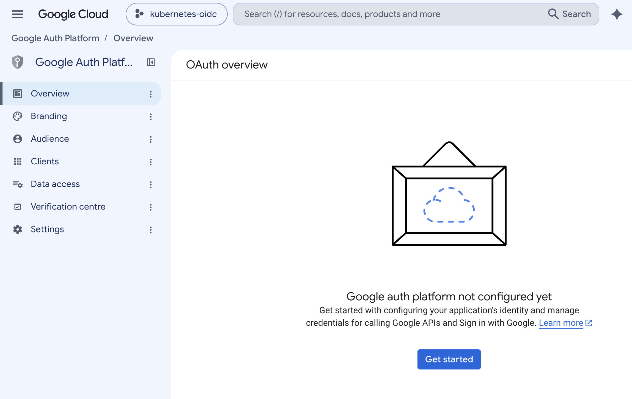 Google auth platform overview with the Get started button