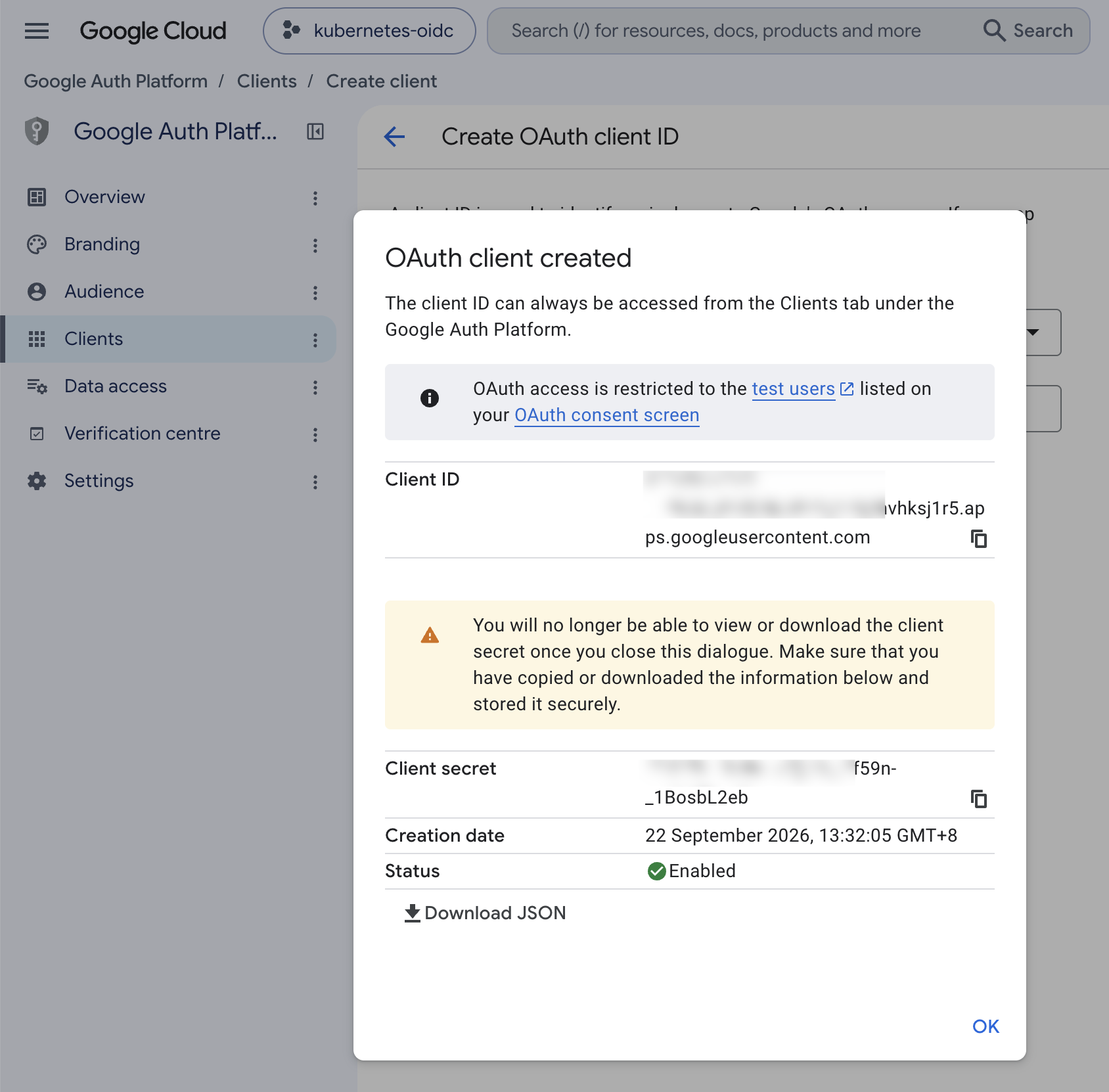 The OAuth client created dialog