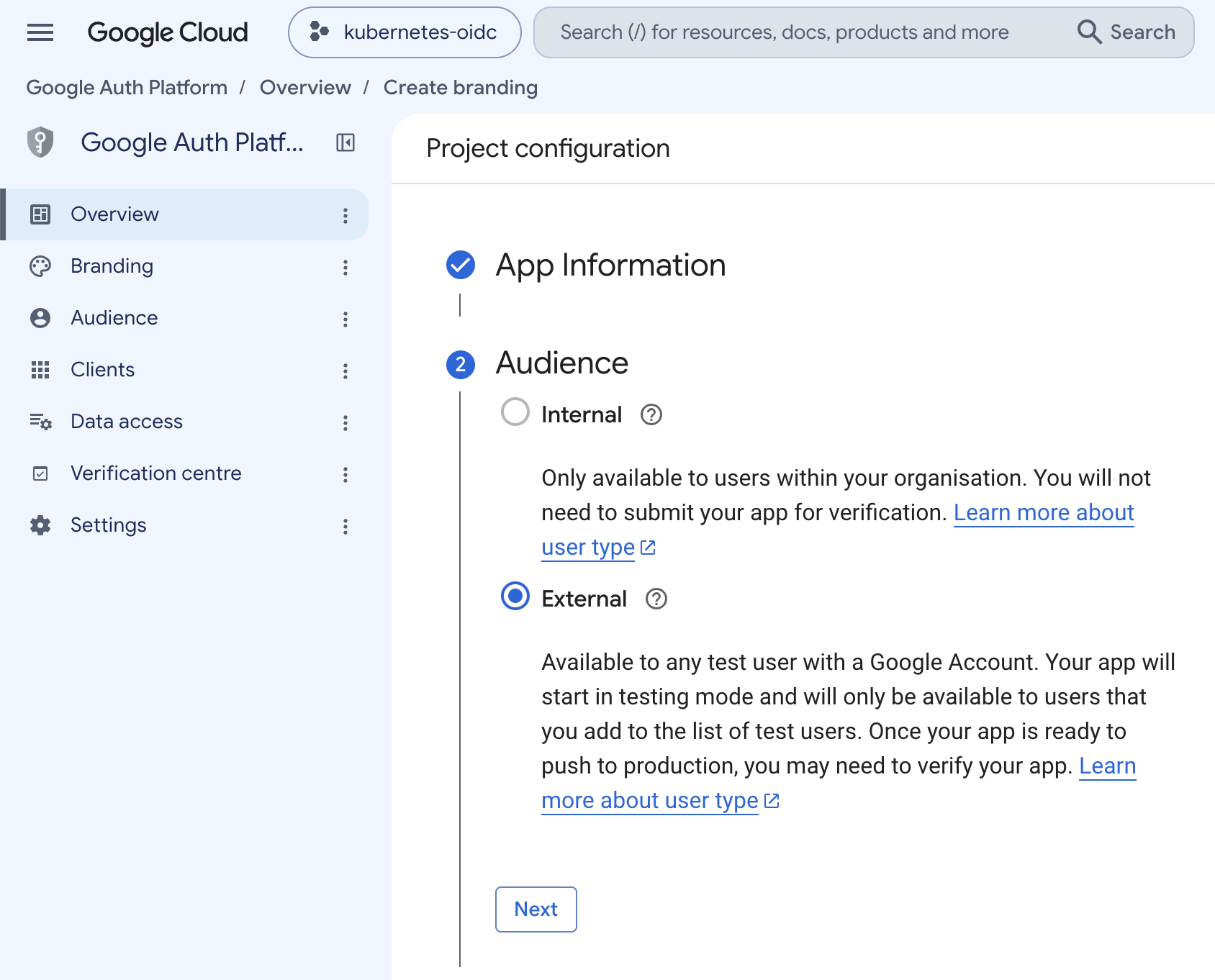 The Audience step of the project configuration wizard, Internal or External