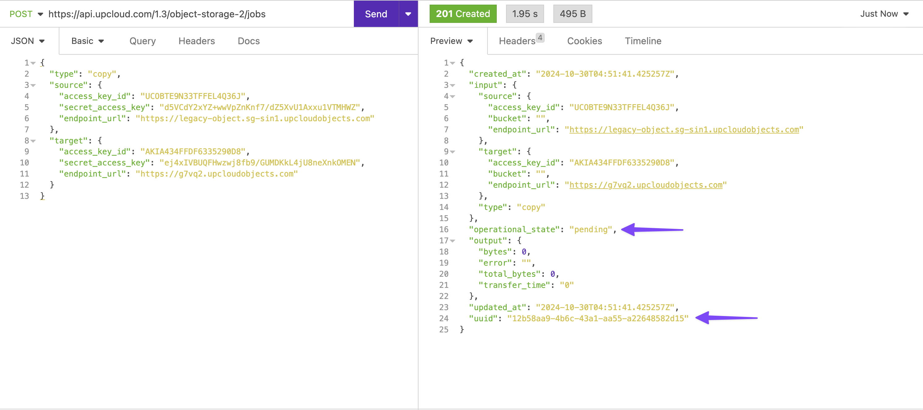 API client showing full migration POST request