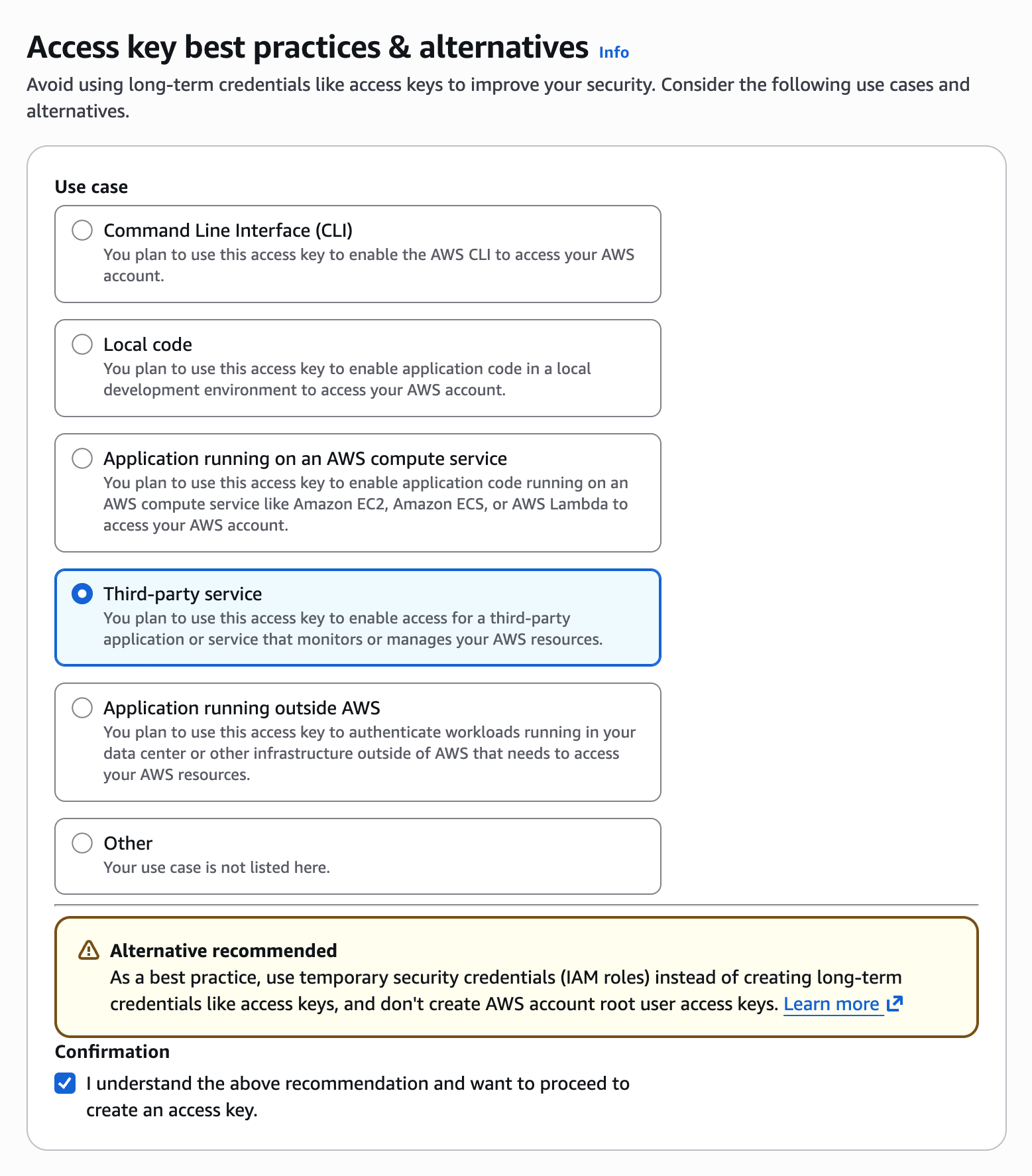 The access key use case page with Third-party service selected