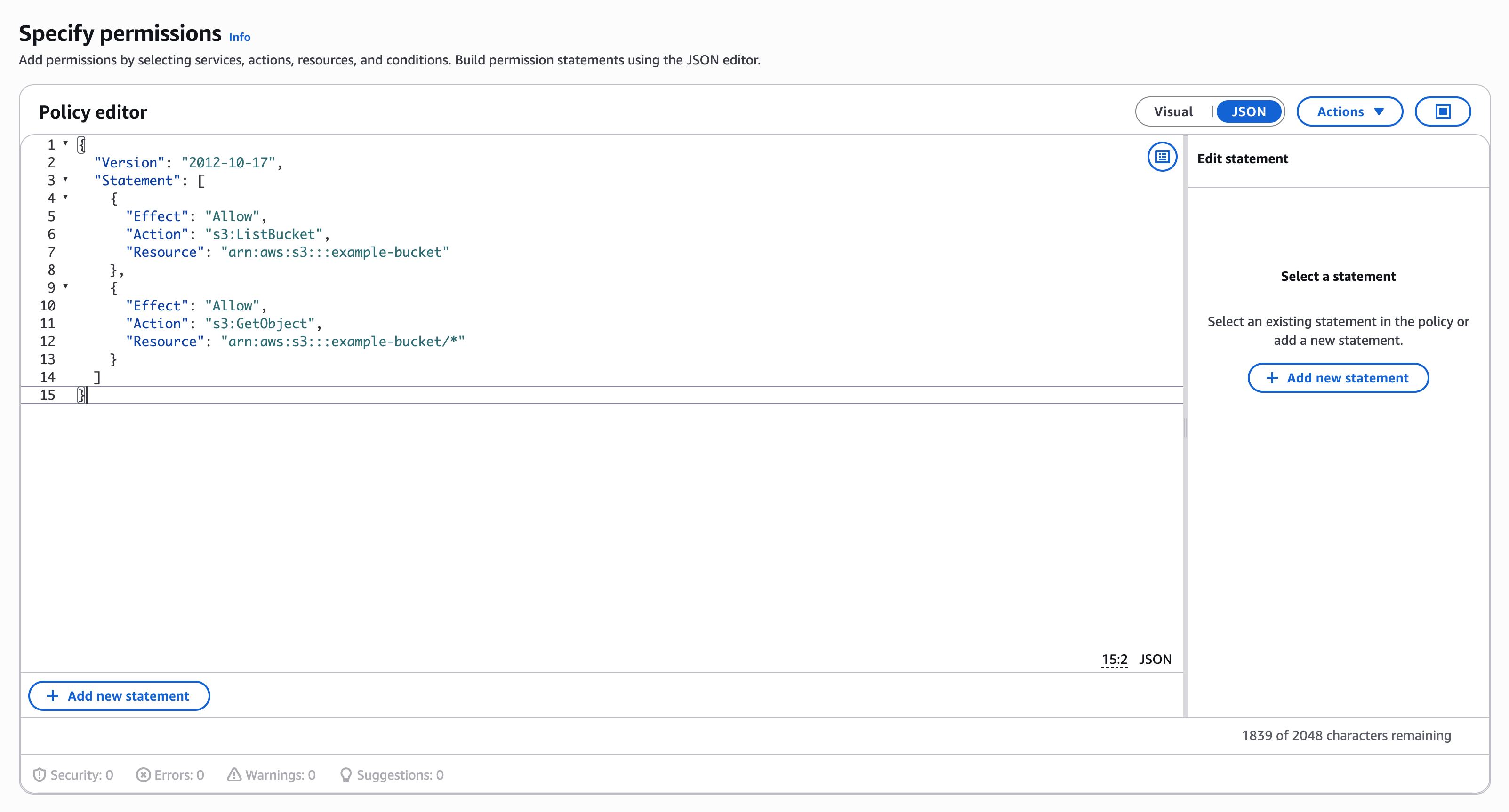The policy editor in JSON mode with the bucket policy