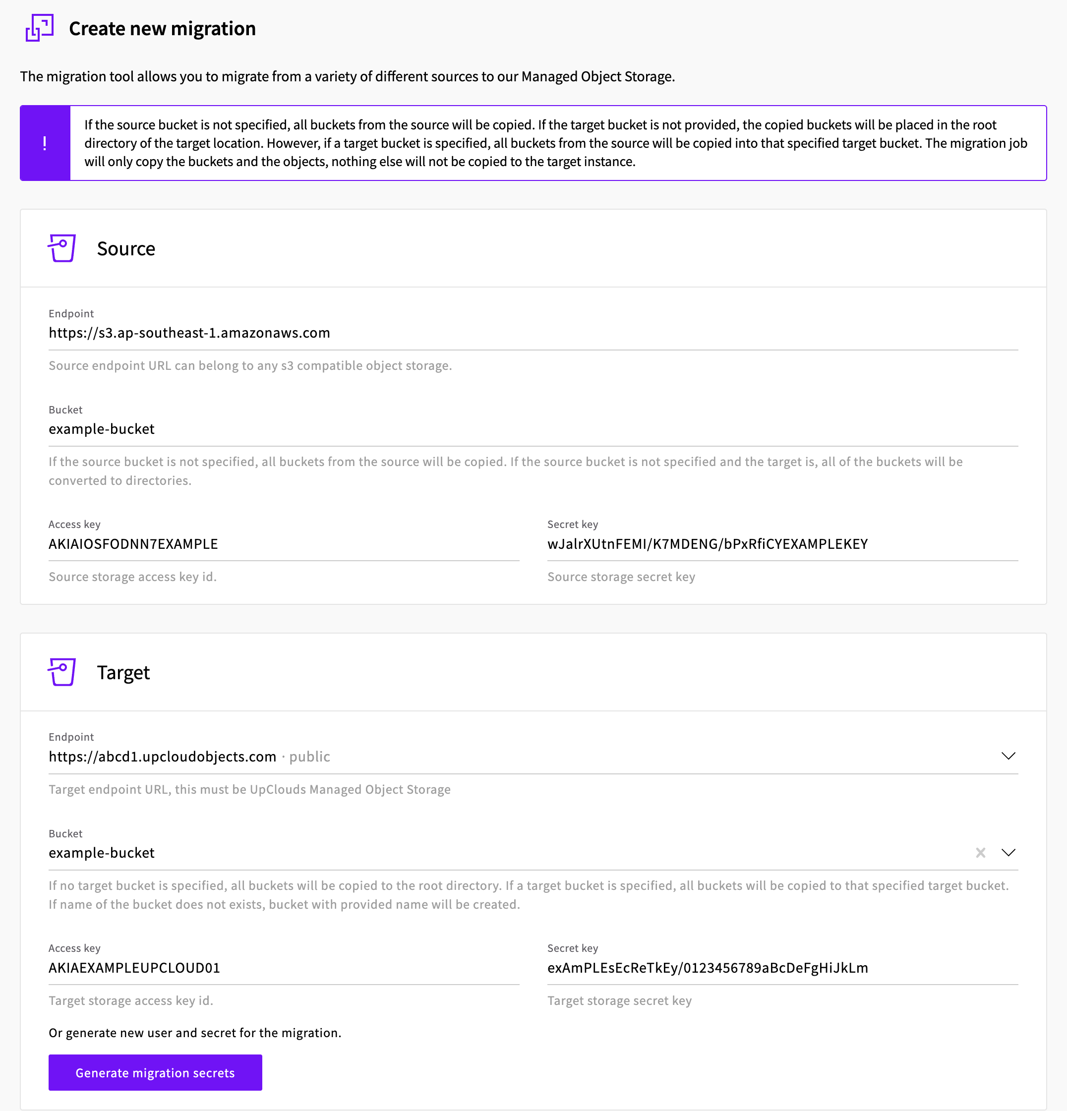 The Create new migration form filled in for a migration from AWS S3