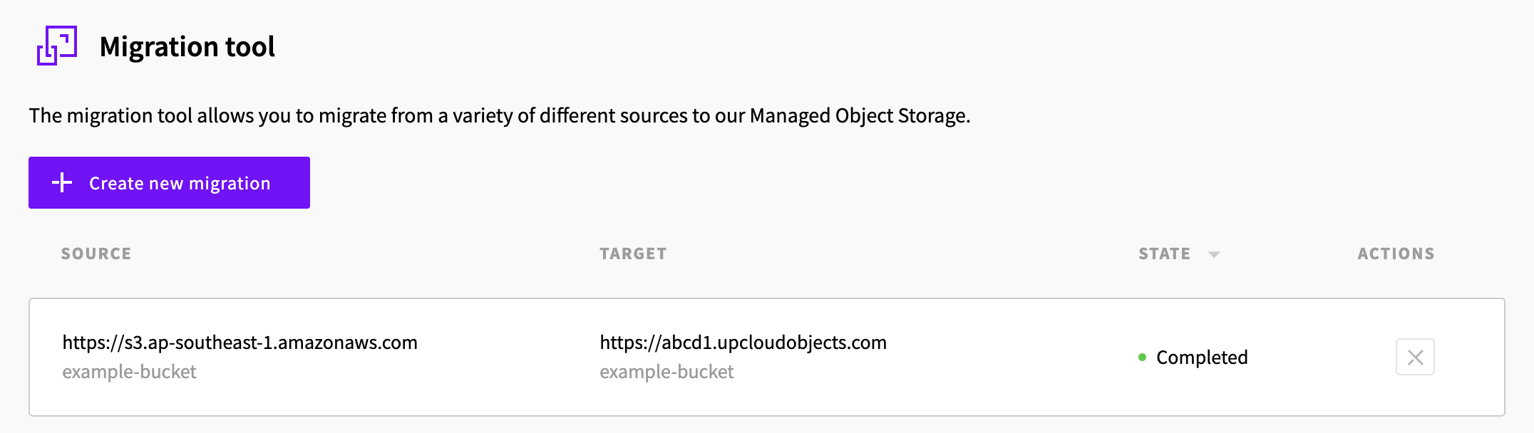 The Migrate page with a completed migration
