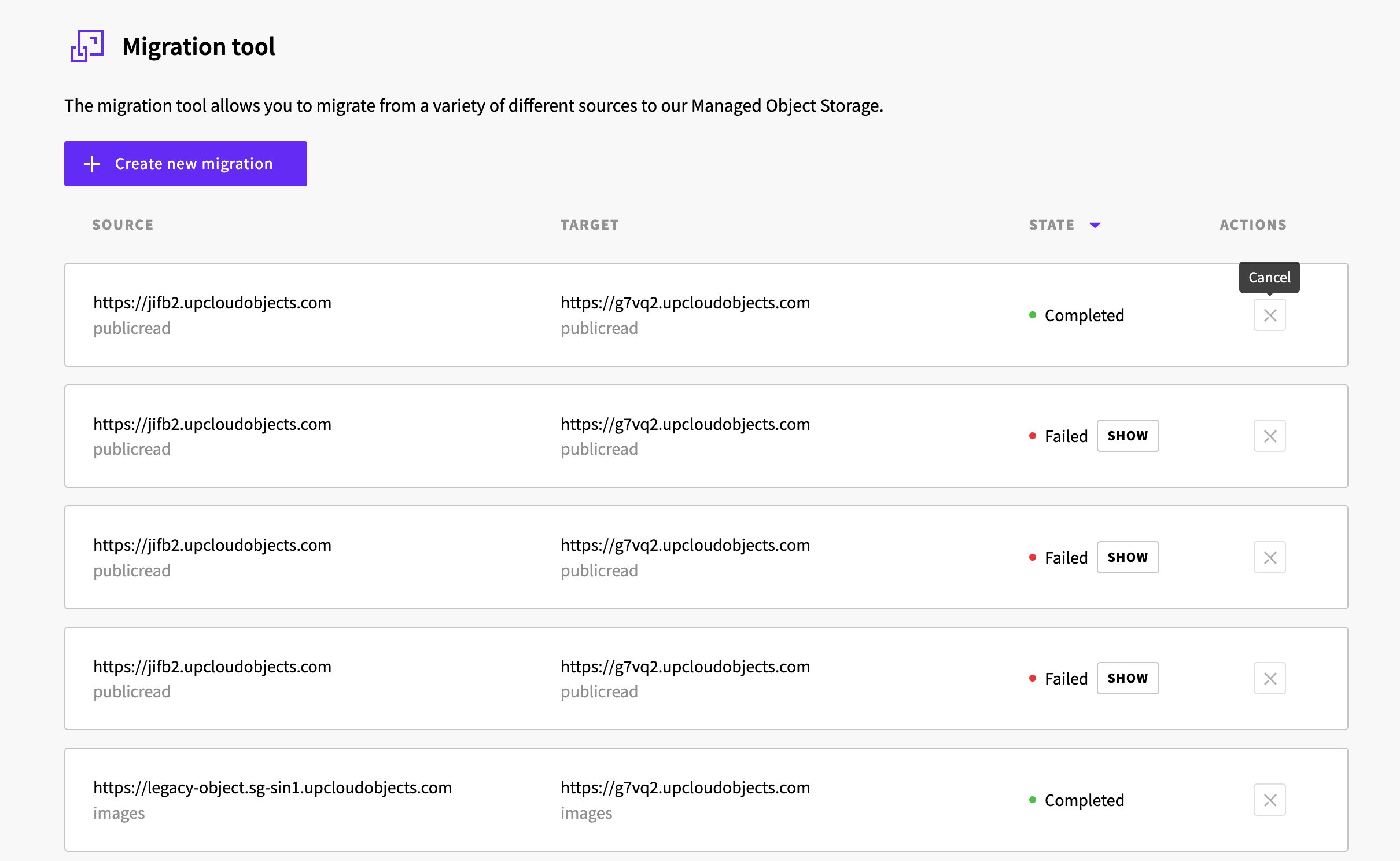 Migration jobs progress tracking interface