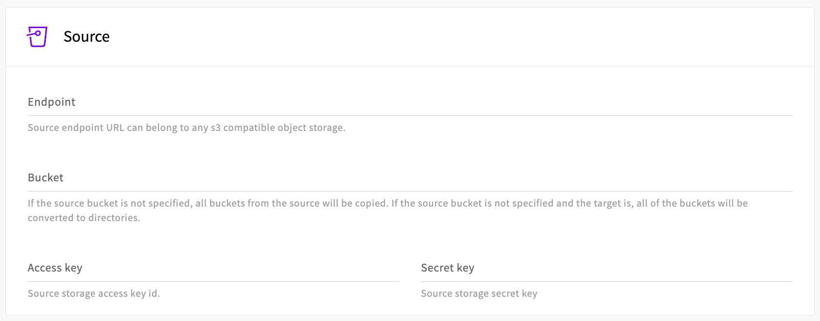 Source configuration section of the migration tool