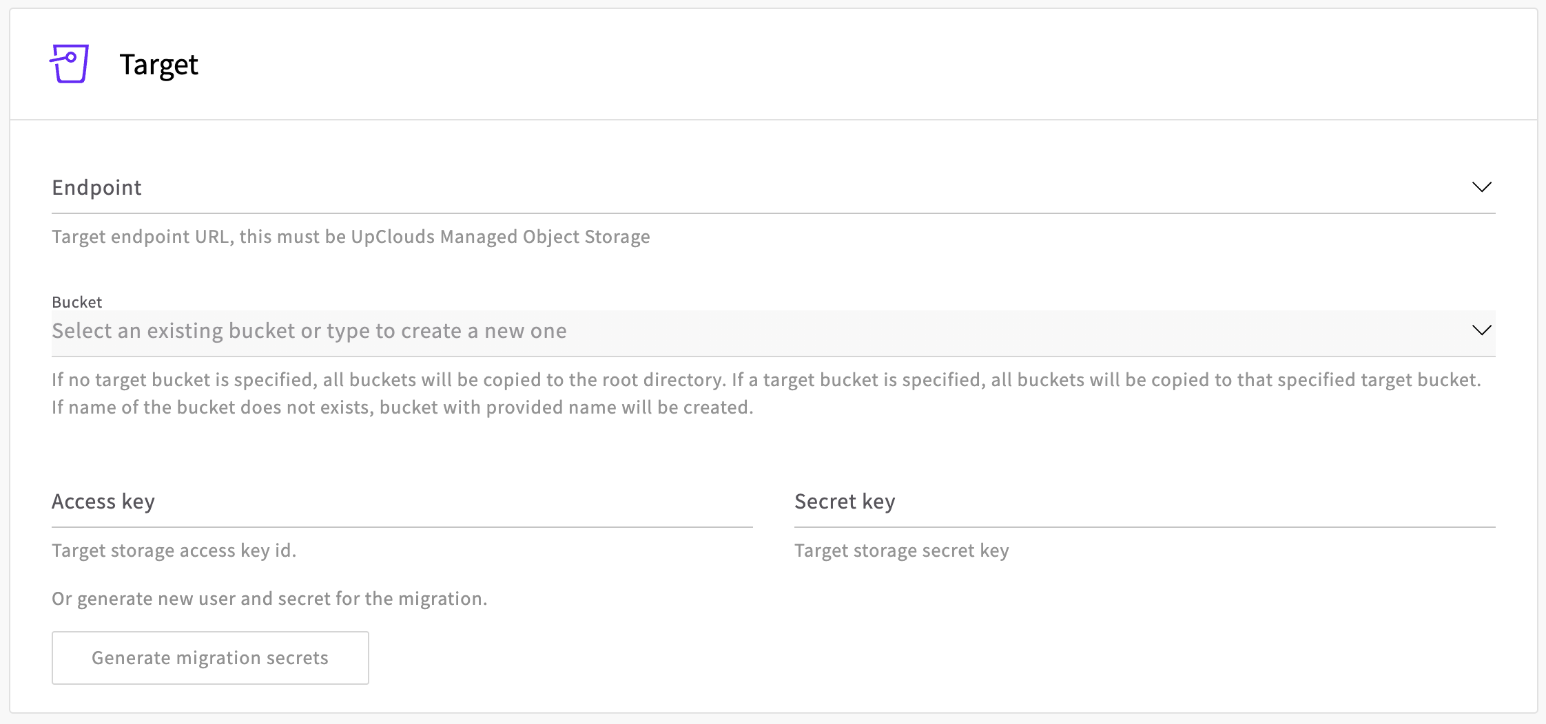 Target configuration section of the migration tool