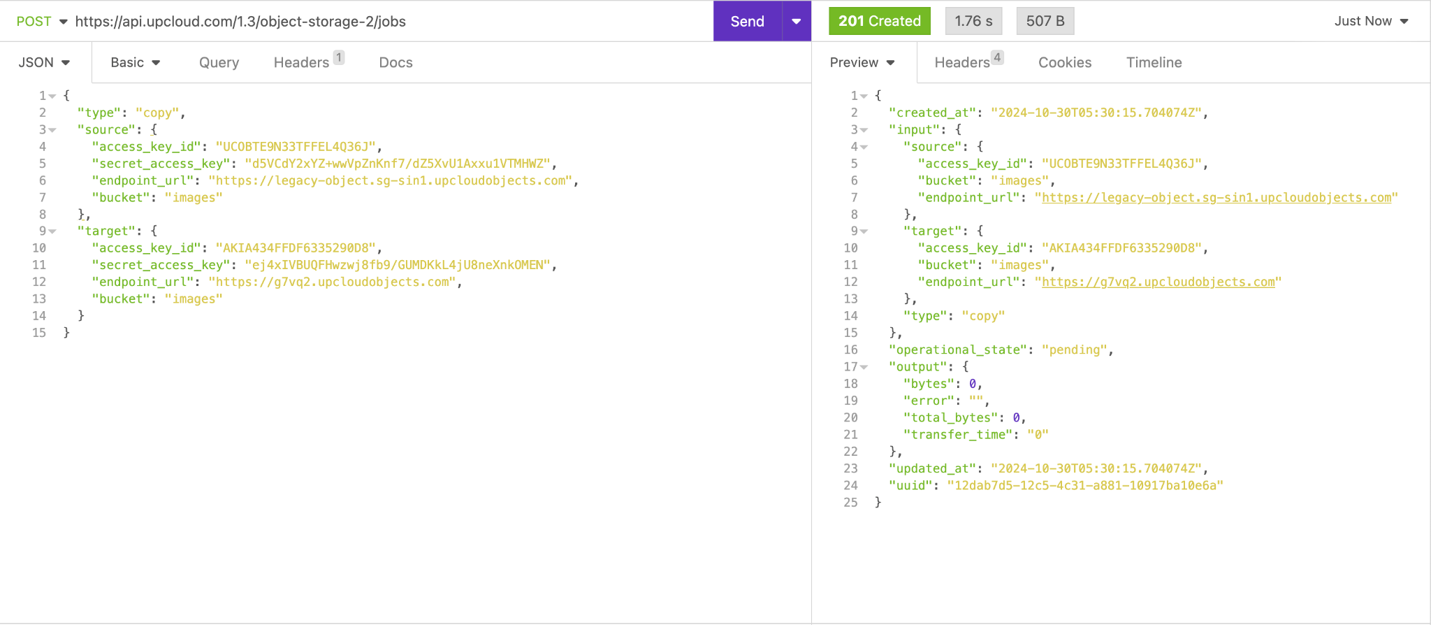 API client showing selective migration POST request