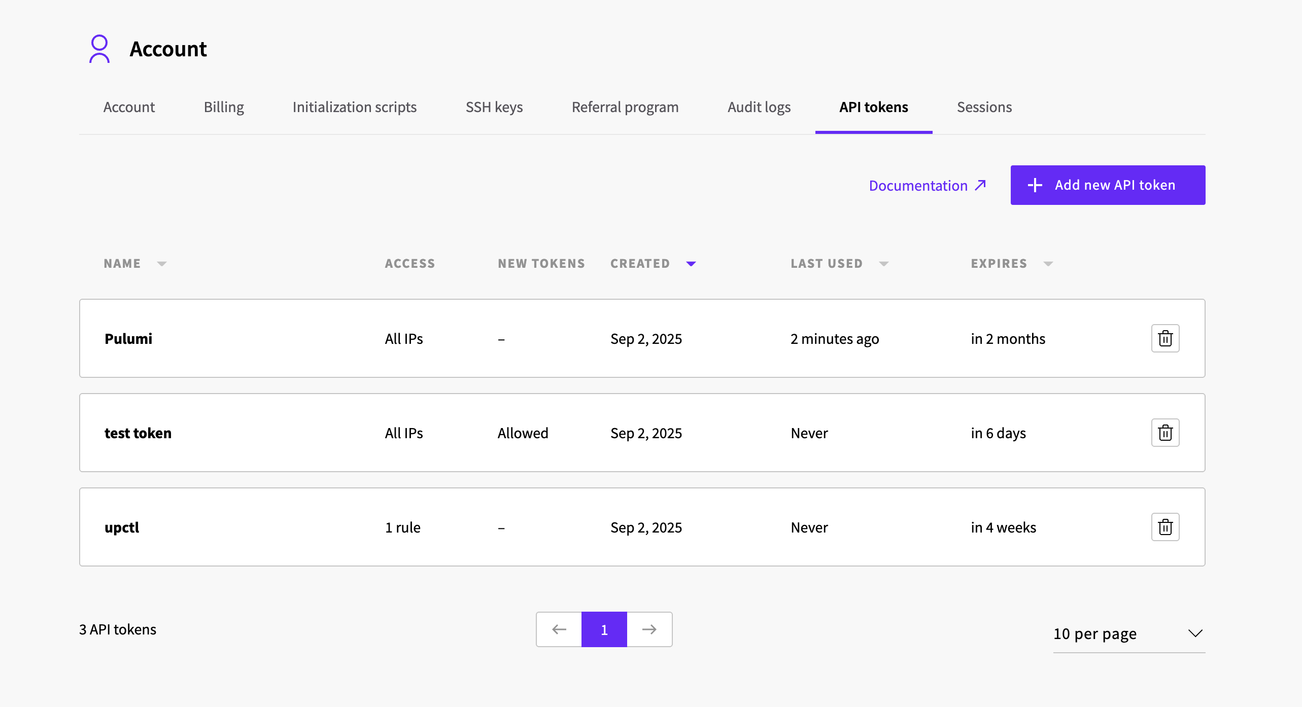 API tokens page in UpCloud Control Panel showing token management interface