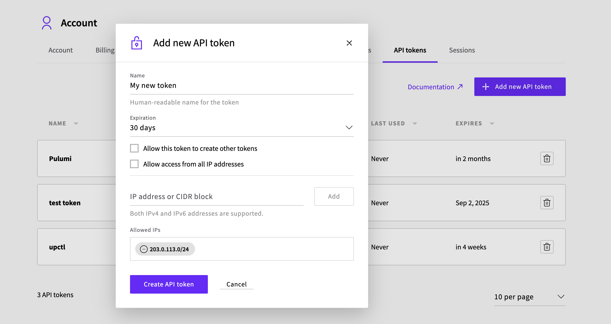 Create new API token form showing name, expiration, and IP restriction fields