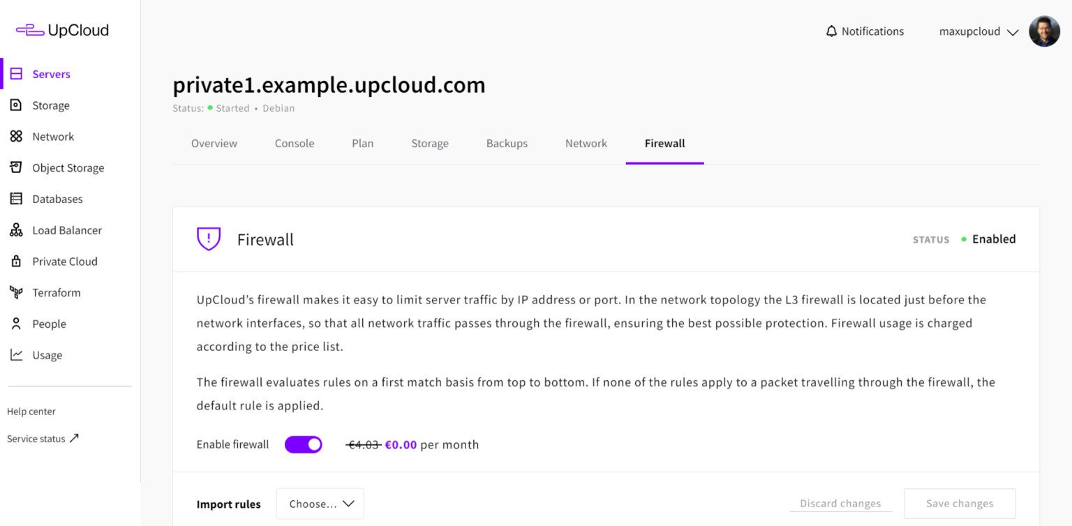 Firewall tab in server settings
