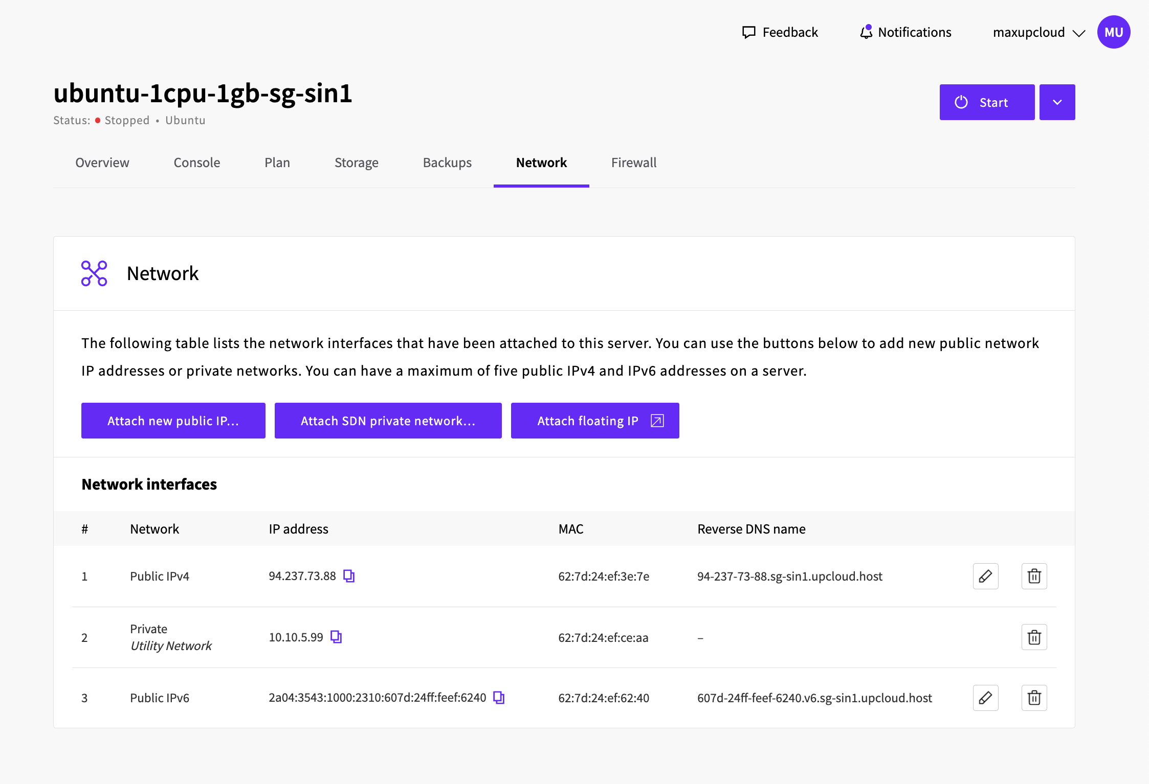 Server network details