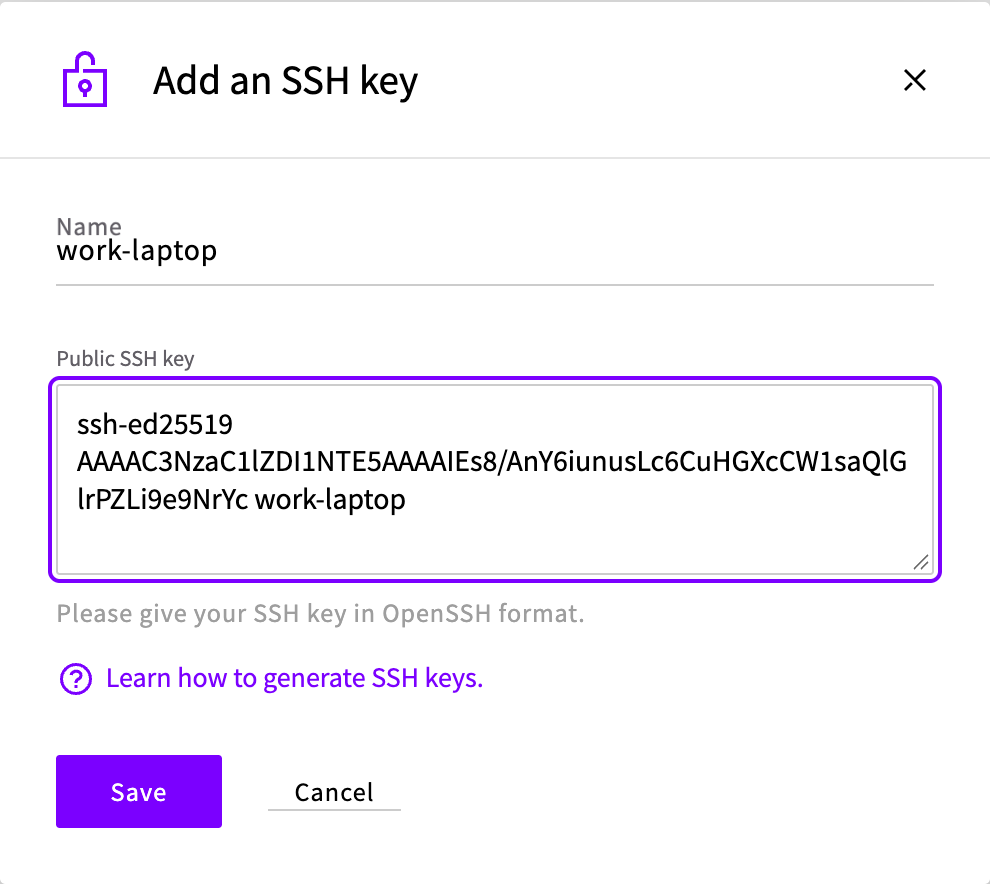 Add an SSH key dialog with the Name and Public SSH key fields filled in