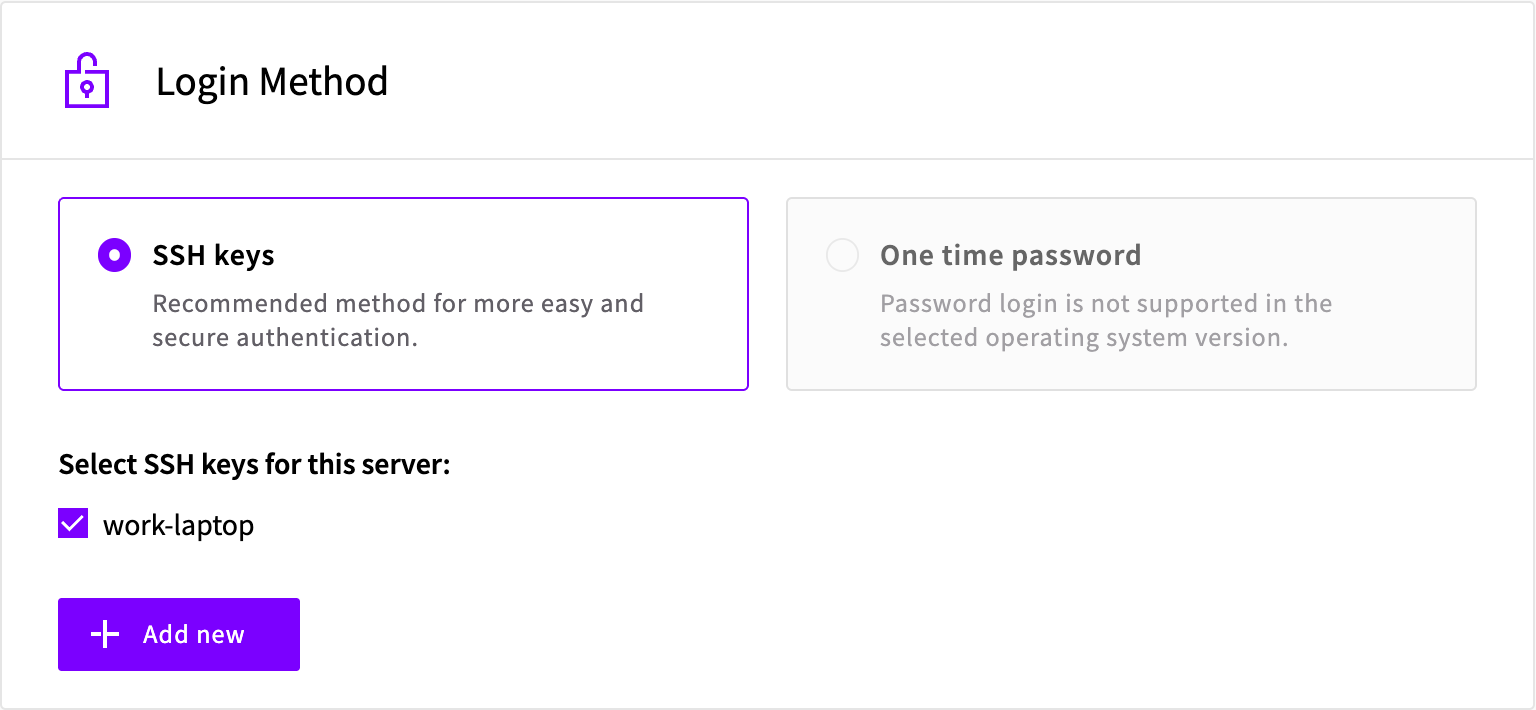 Login Method section with SSH keys selected and a key ticked