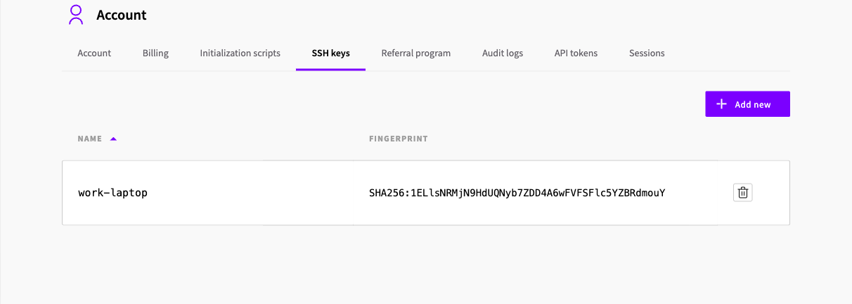 SSH keys list showing the new key and its fingerprint