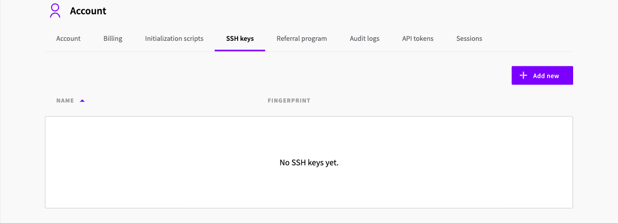 SSH keys page in the UpCloud Control Panel with no keys added