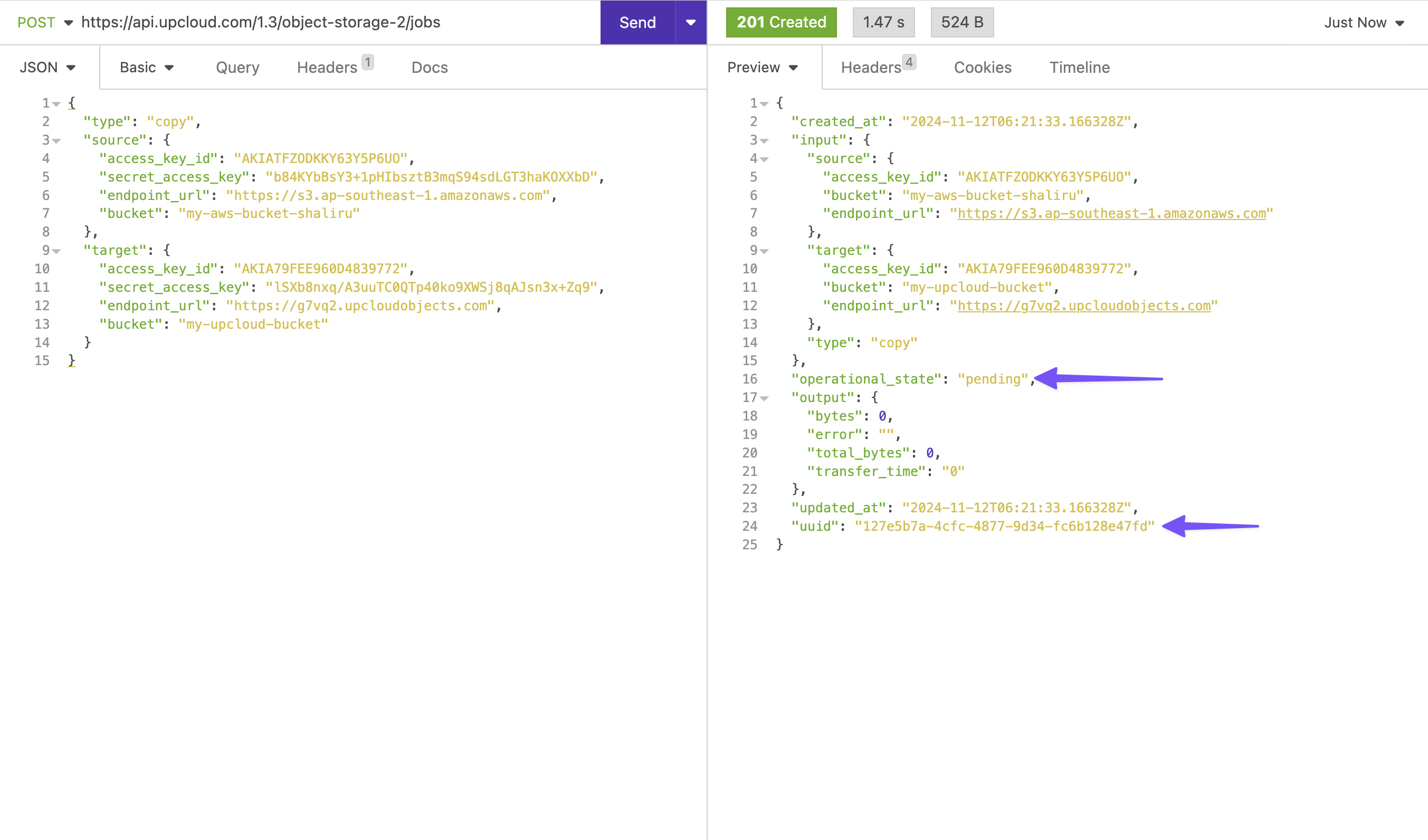 Example of selective migration API call in Insomnia client