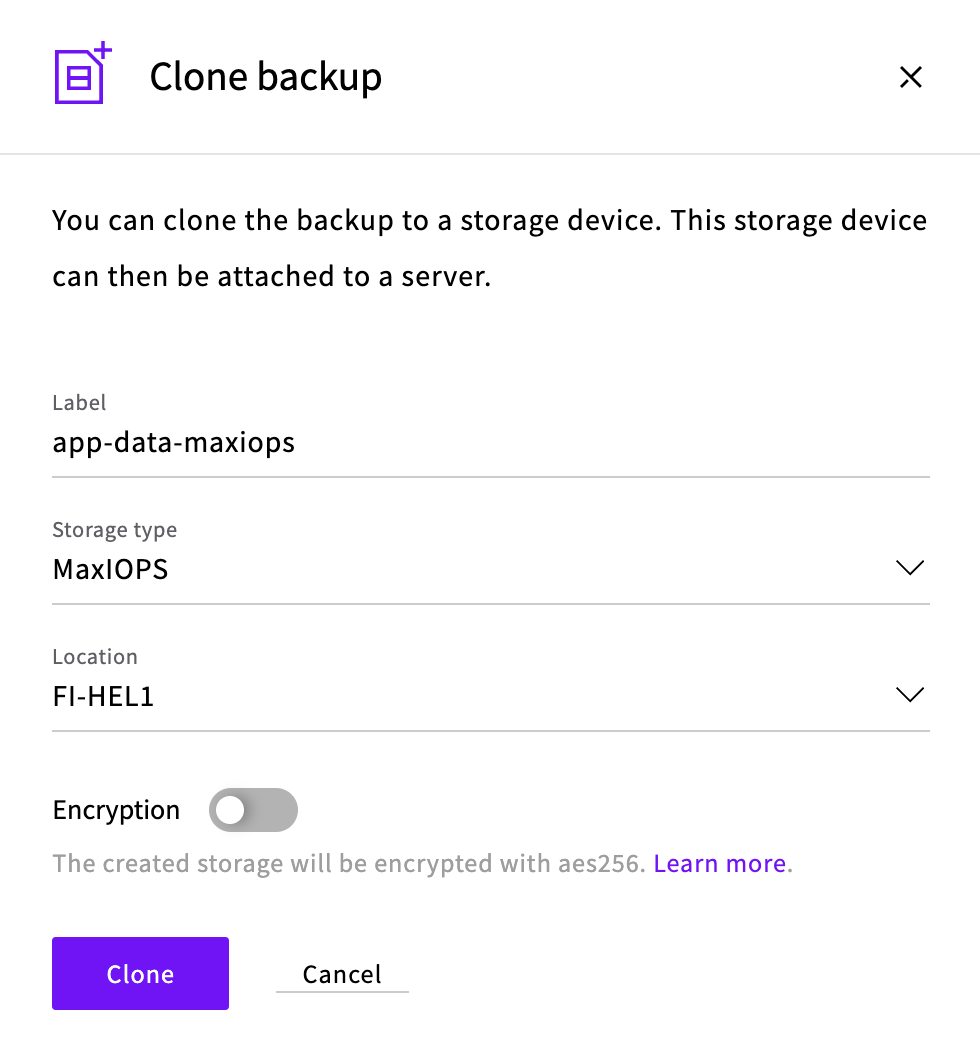 The Clone backup dialog with MaxIOPS selected as the storage type