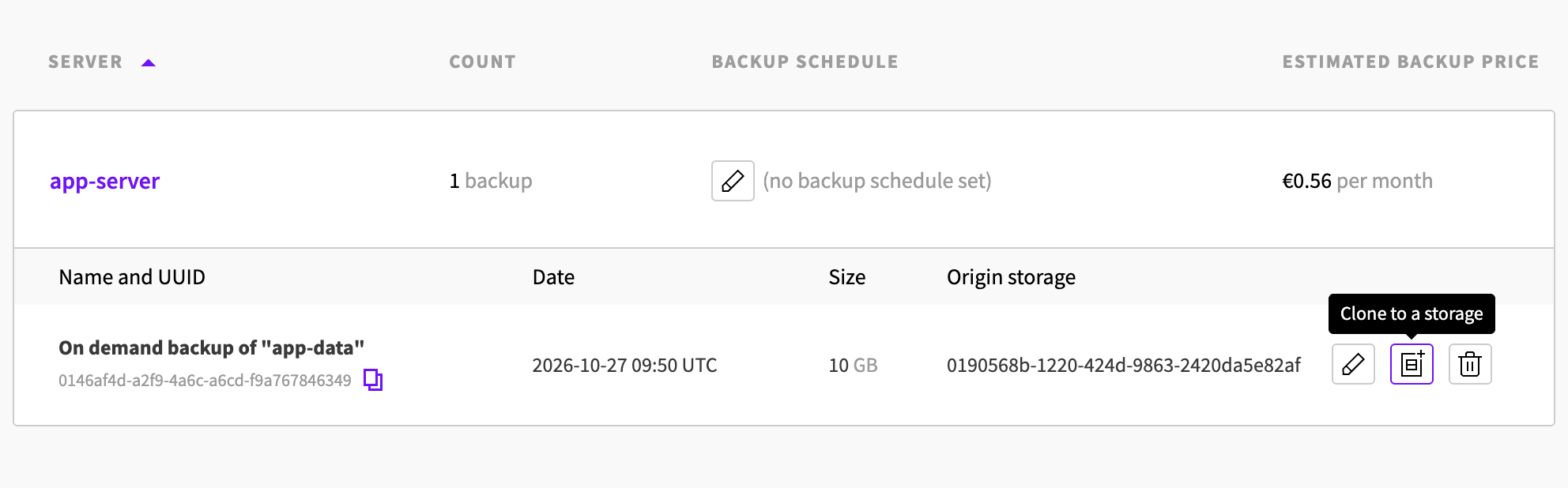 A server's backup with the Clone to a storage button