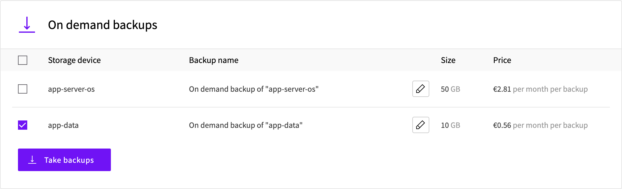 The On demand backups card with only the app-data storage device selected
