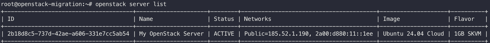 List of instances in the OpenStack server showing details such as ID and name